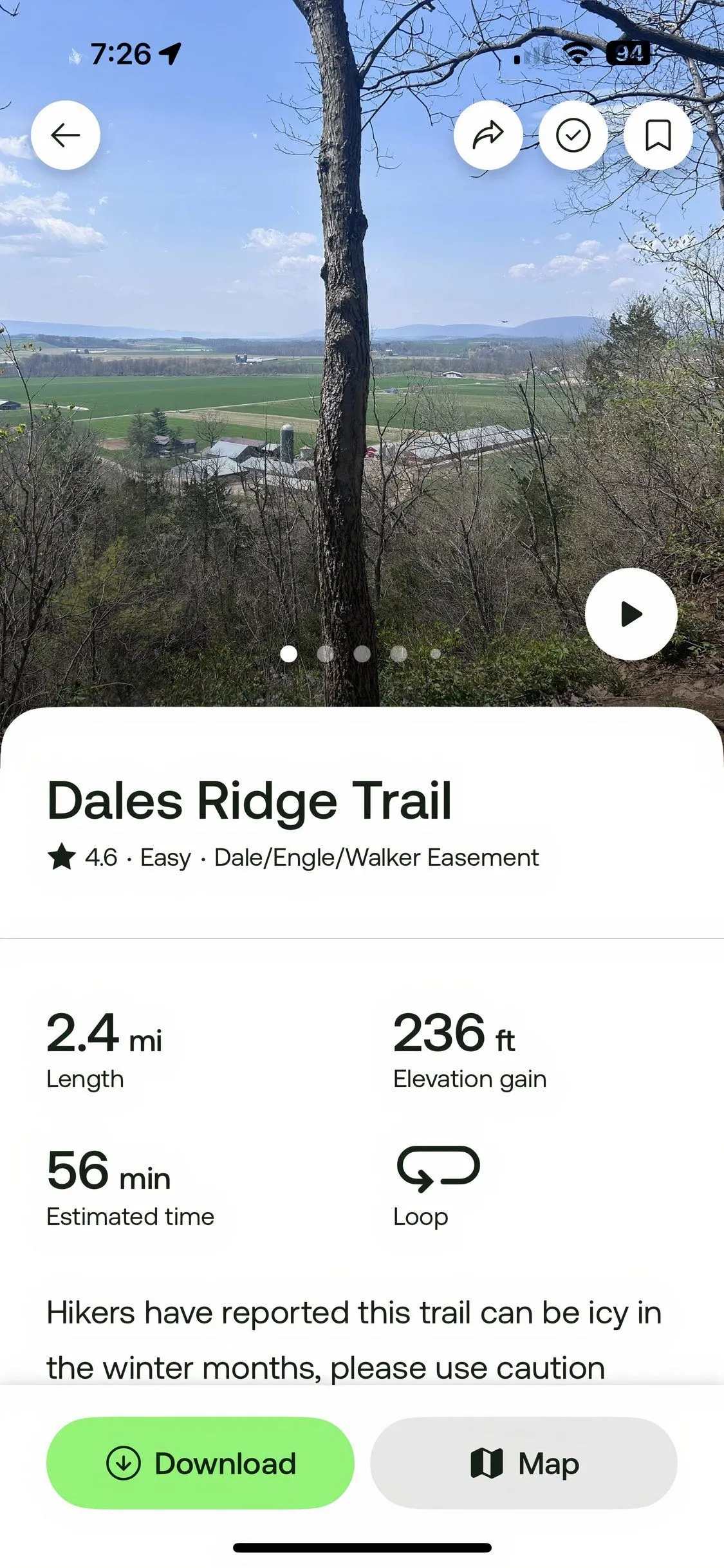 Giao diện ứng dụng AllTrails hiển thị chi tiết đường mòn leo núi với thông tin độ khó và an toàn