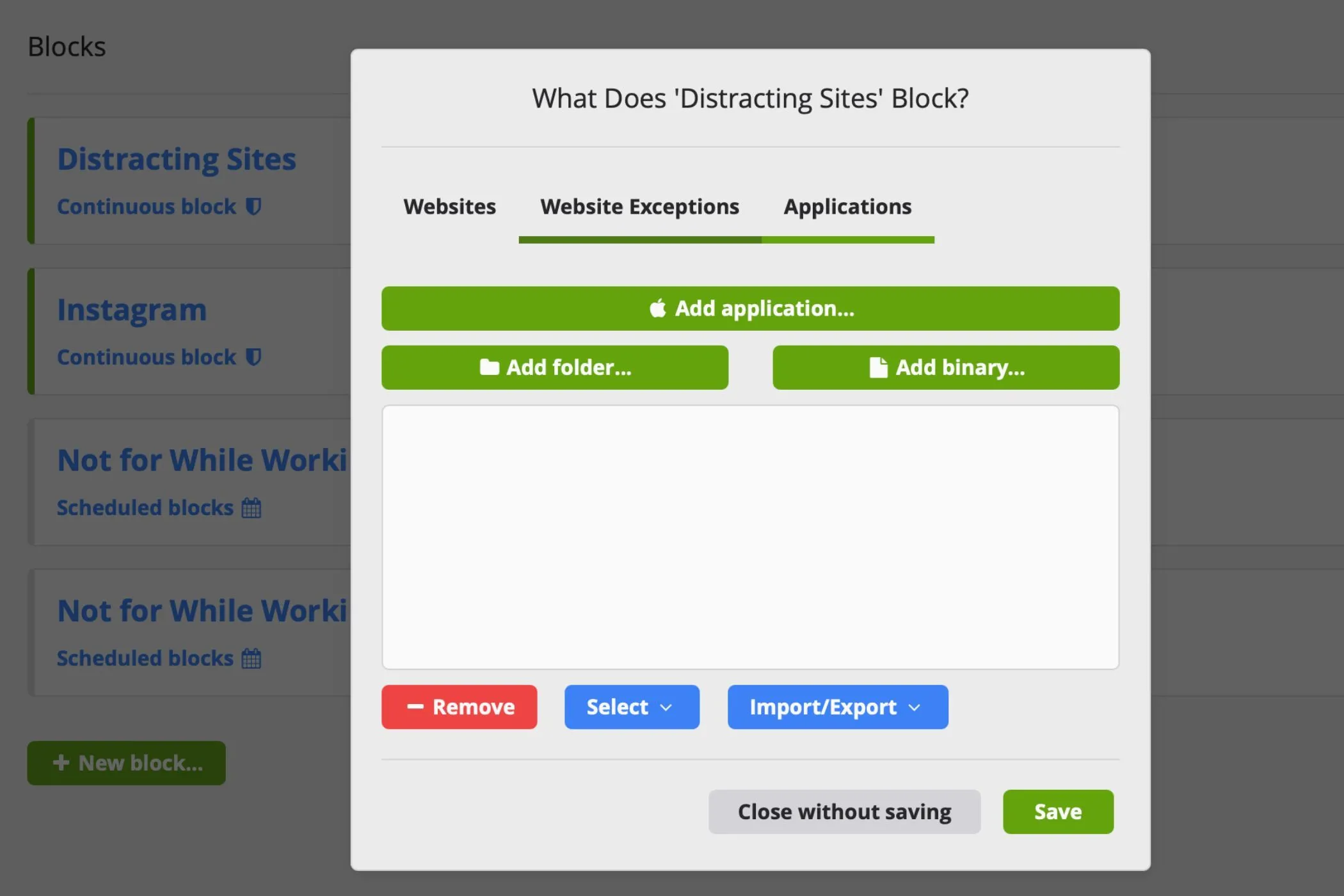 Giao diện ứng dụng Cold Turkey hiển thị tính năng chặn ứng dụng, công cụ hữu ích để loại bỏ xao nhãng và tăng năng suất.