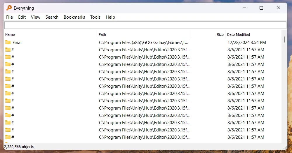 Giao diện ứng dụng Everything hiển thị kết quả tìm kiếm file nhanh trên Windows