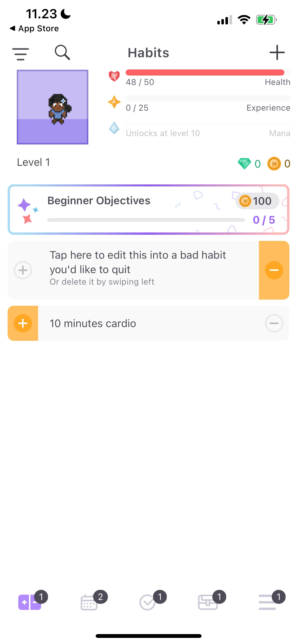 Giao diện ứng dụng Habitica hiển thị các nhiệm vụ hàng ngày và mục tiêu đã hoàn thành