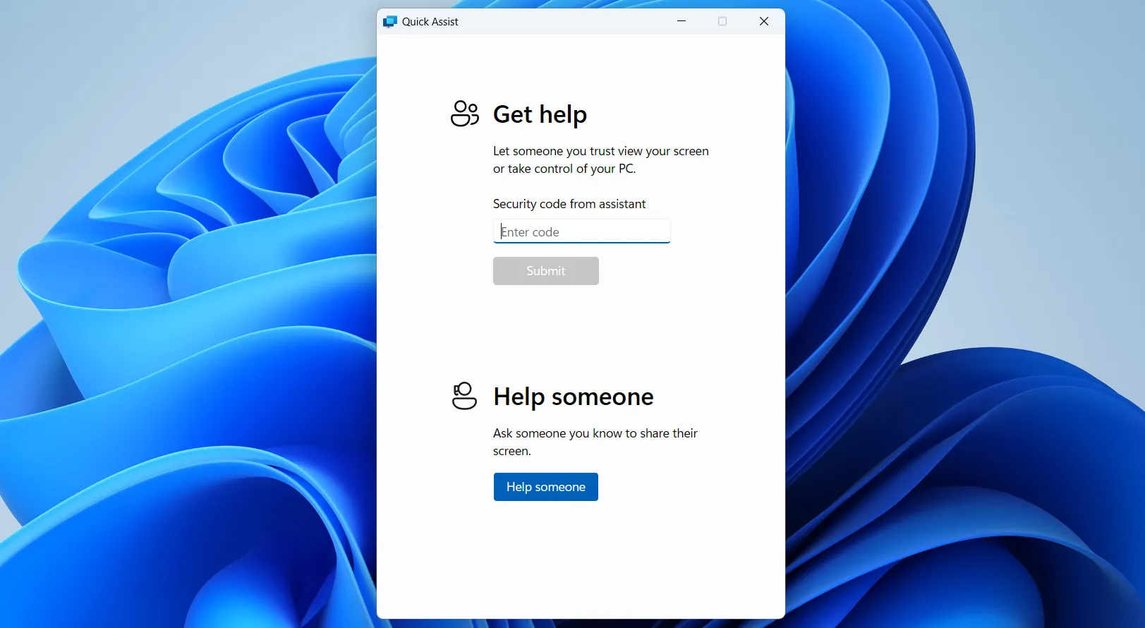 Giao diện ứng dụng Hỗ Trợ Nhanh (Quick Assist) trên Windows 11, hiển thị tùy chọn 'Nhận trợ giúp' và 'Trợ giúp ai đó'.