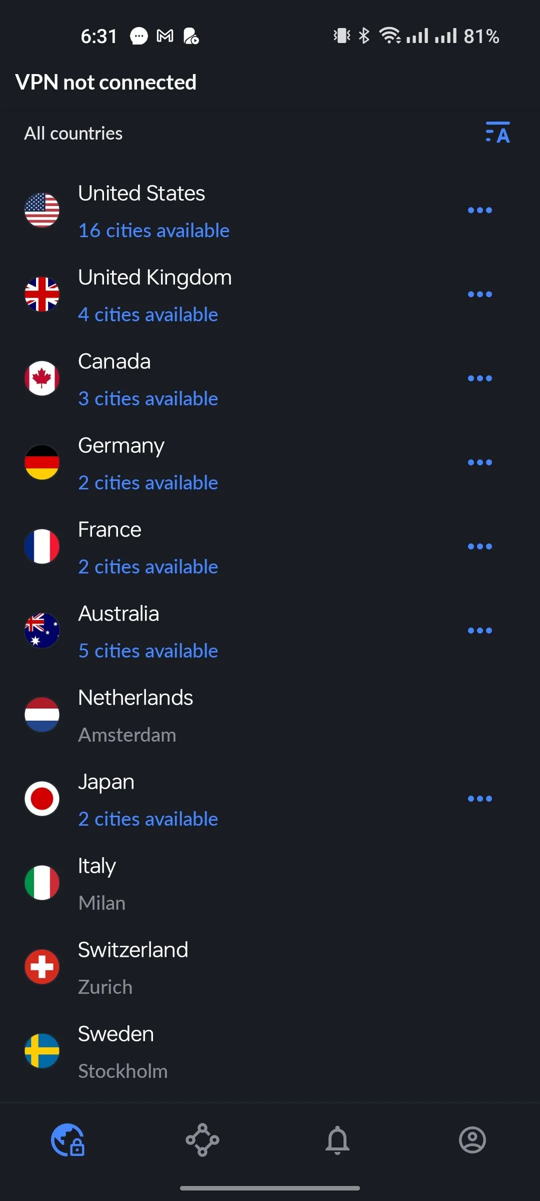 Giao diện ứng dụng NordVPN hiển thị danh sách các quốc gia để kết nối an toàn khi du lịch