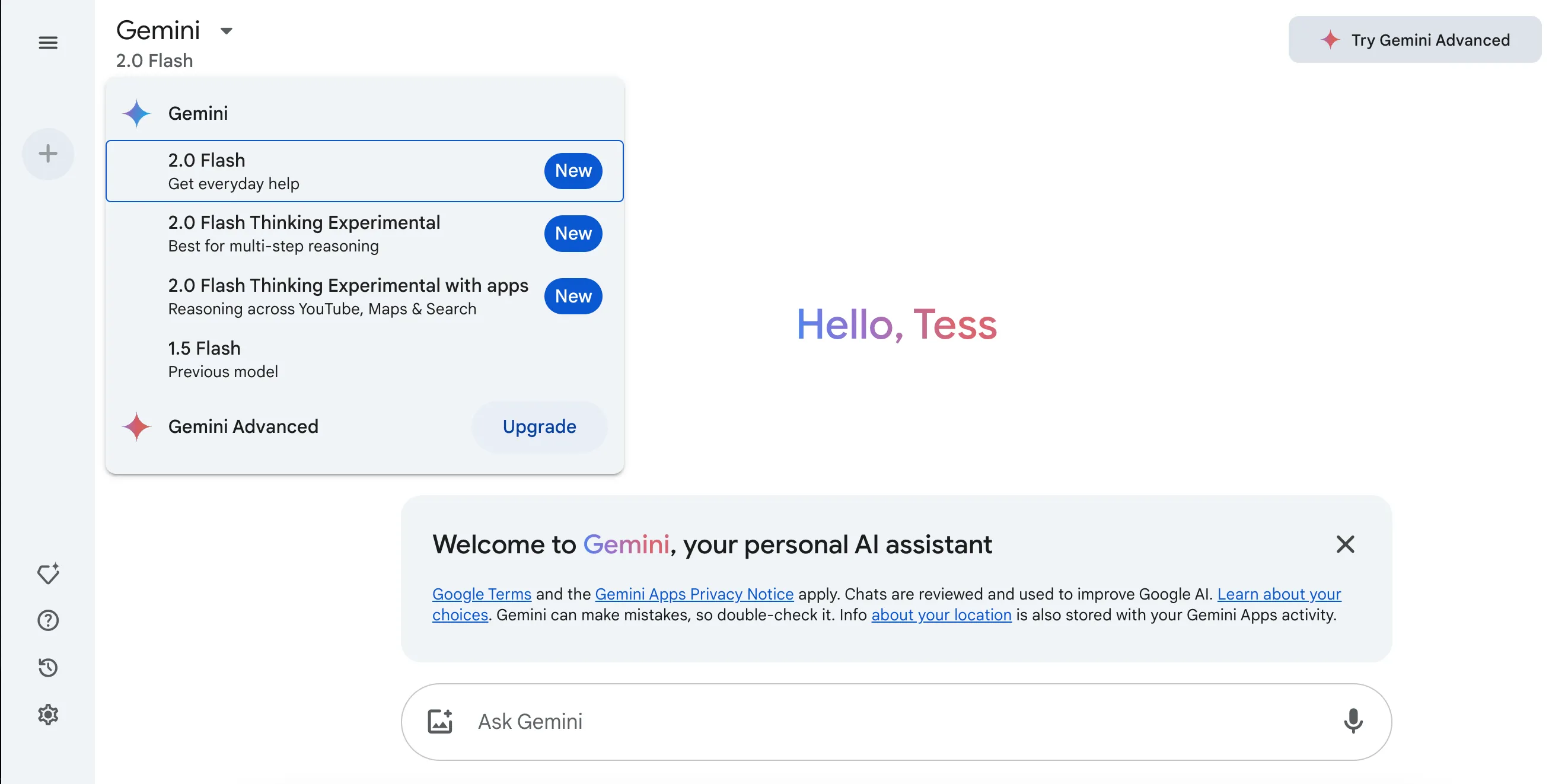 Giao diện ứng dụng web Gemini hiển thị các tùy chọn mô hình AI của Google trong menu thả xuống