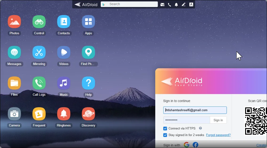 Giao diện web của AirDroid, hiển thị các tùy chọn quản lý điện thoại Android từ xa trên trình duyệt.