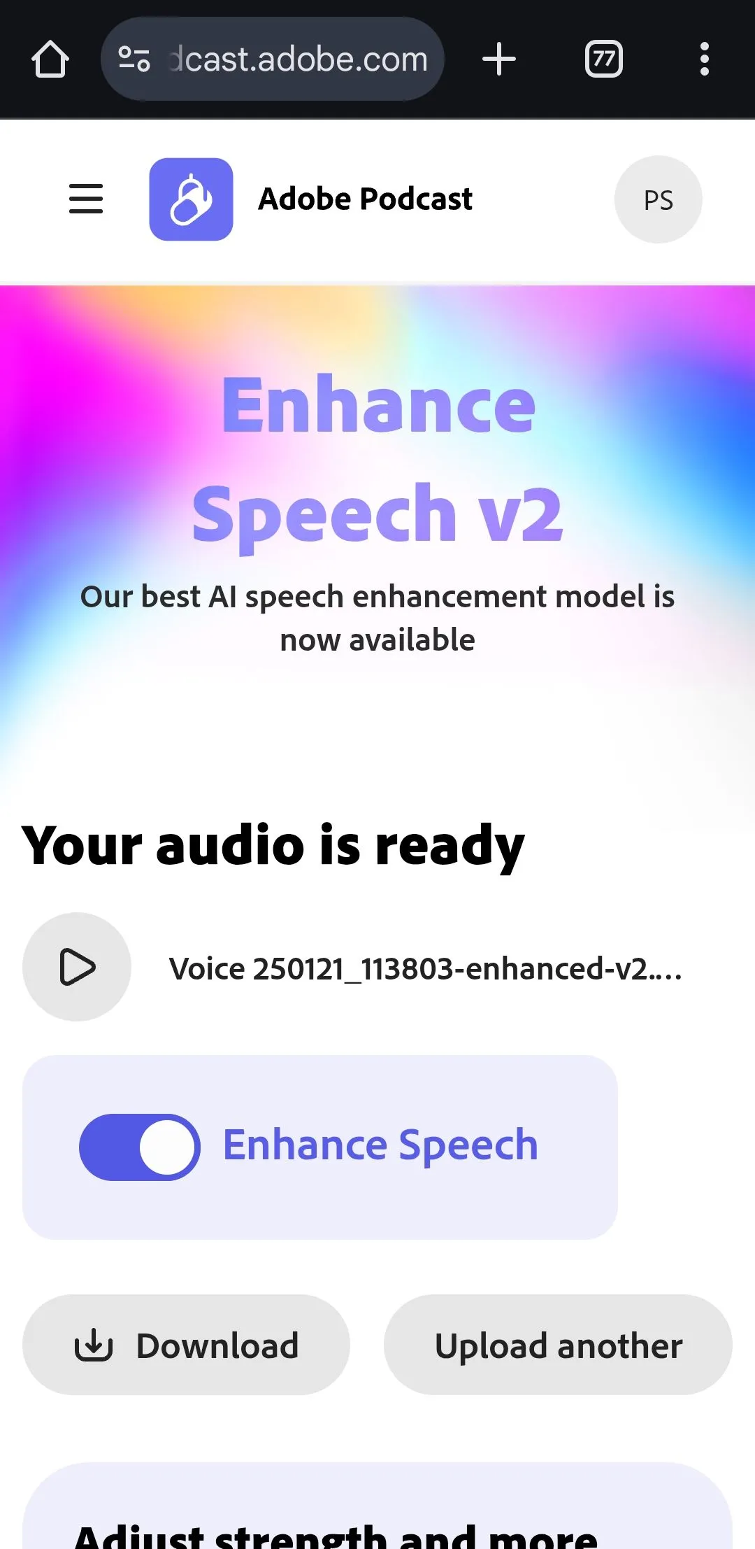 Giao diện website Adobe Enhance Speech trên trình duyệt Chrome Android với tệp âm thanh đã xử lý và tùy chọn tải xuống
