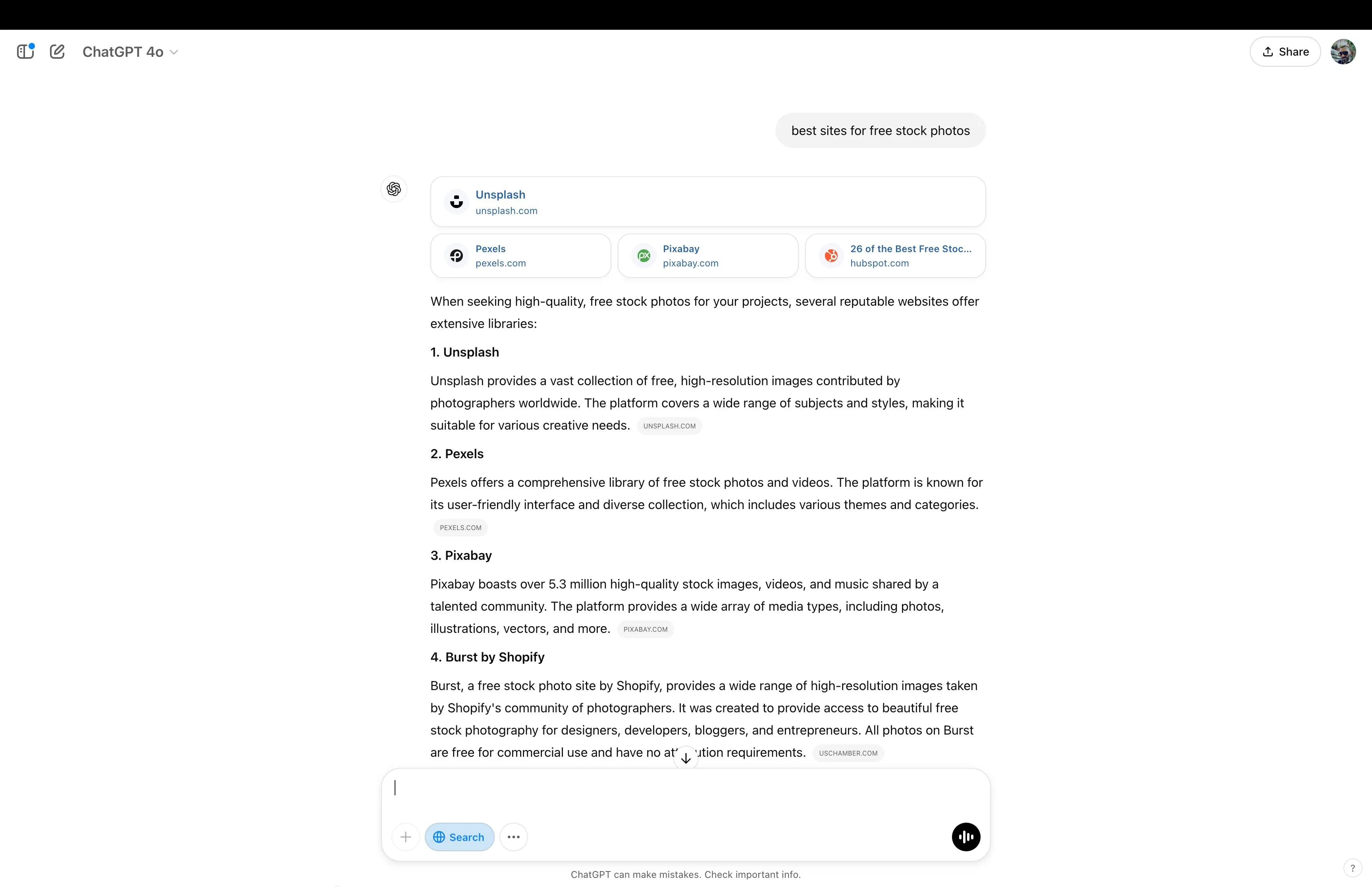 Gợi ý các trang web ảnh stock miễn phí hàng đầu từ ChatGPT, bao gồm Unsplash và Pexels.
