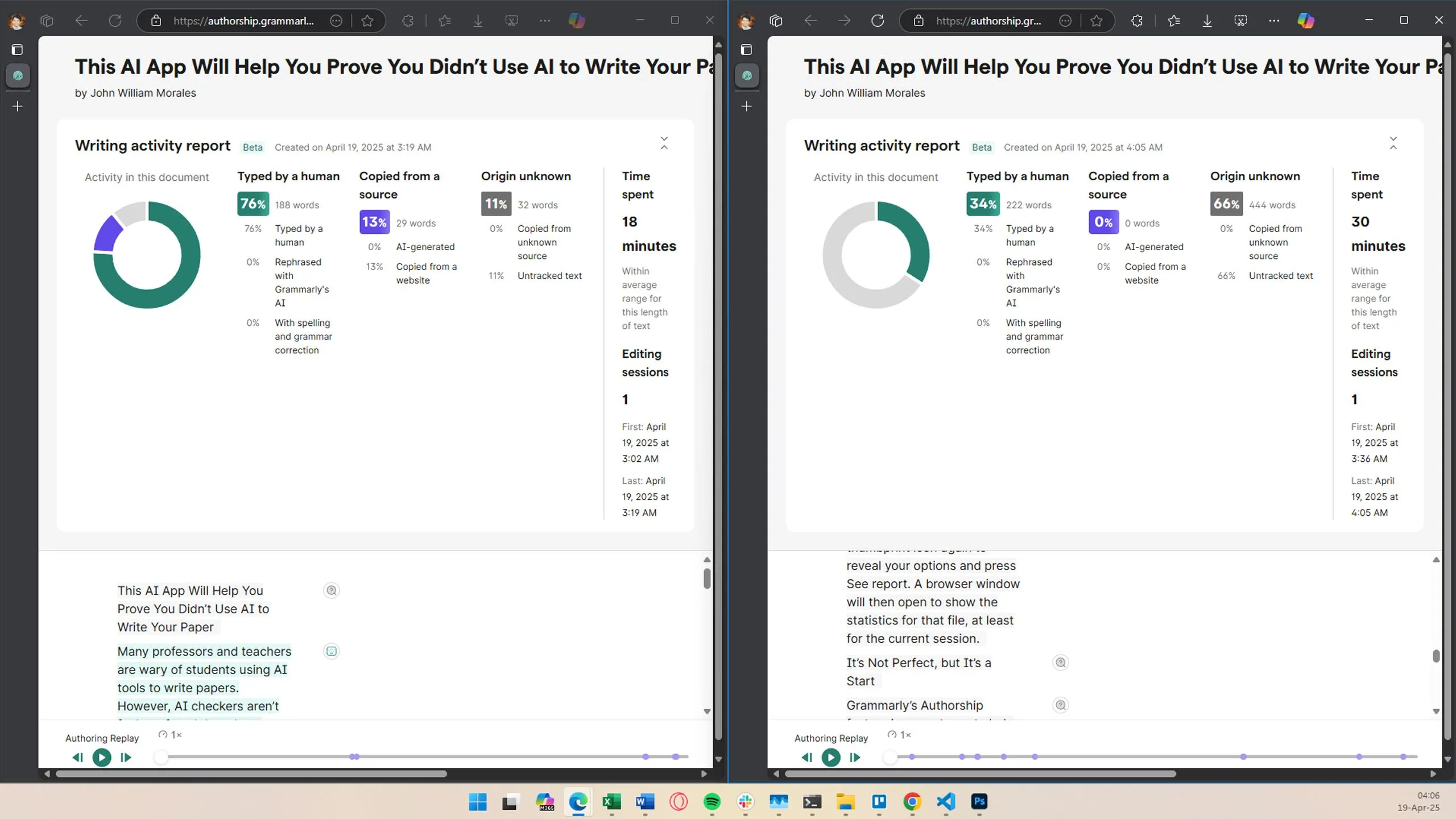 Grammarly Authorship hiển thị &quot;Origin unknown&quot; cho nội dung cũ khi mở lại tài liệu, minh họa hạn chế chỉ theo dõi phiên làm việc hiện tại