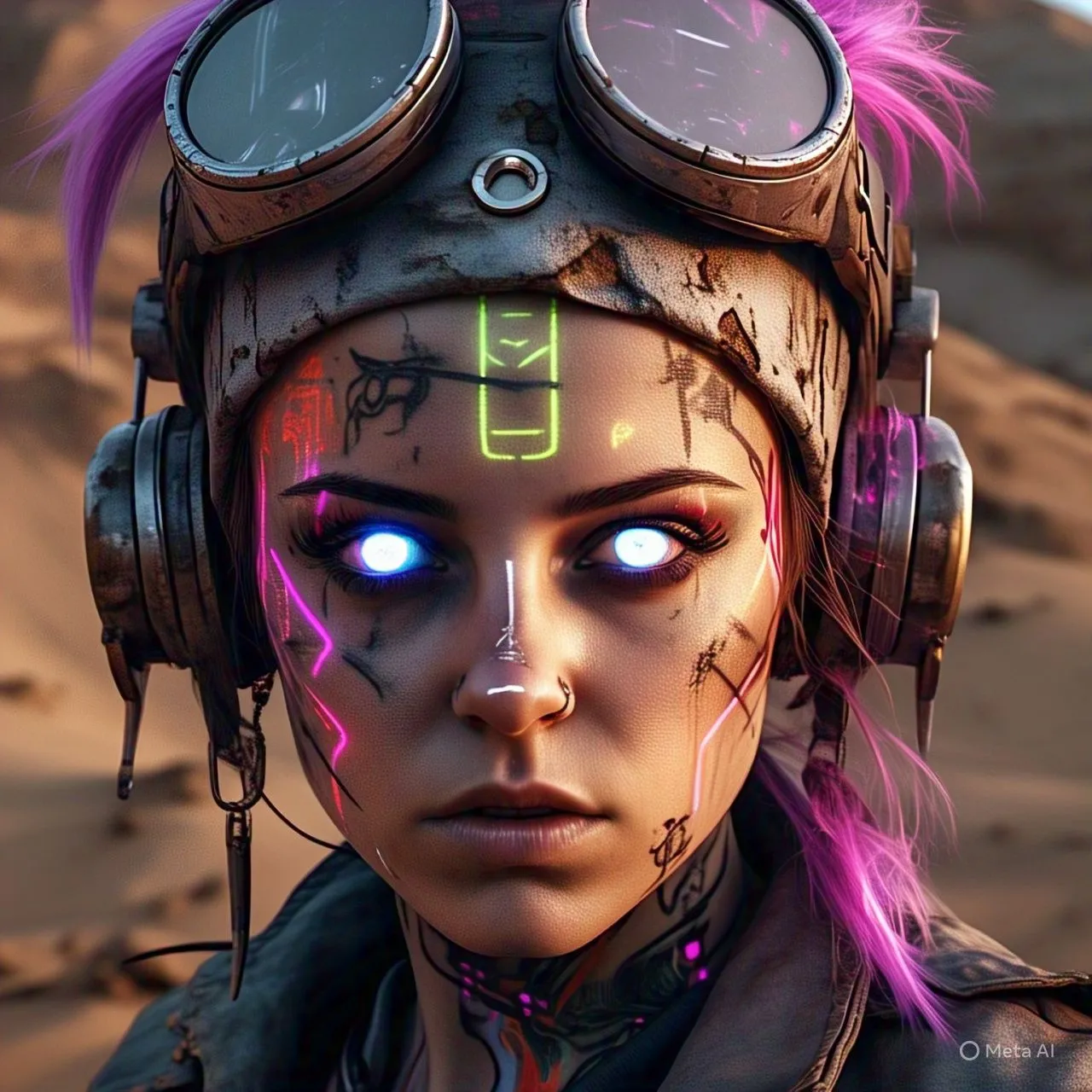 Hình ảnh khuôn mặt một phụ nữ cyberpunk trong sa mạc hoang tàn tĩnh