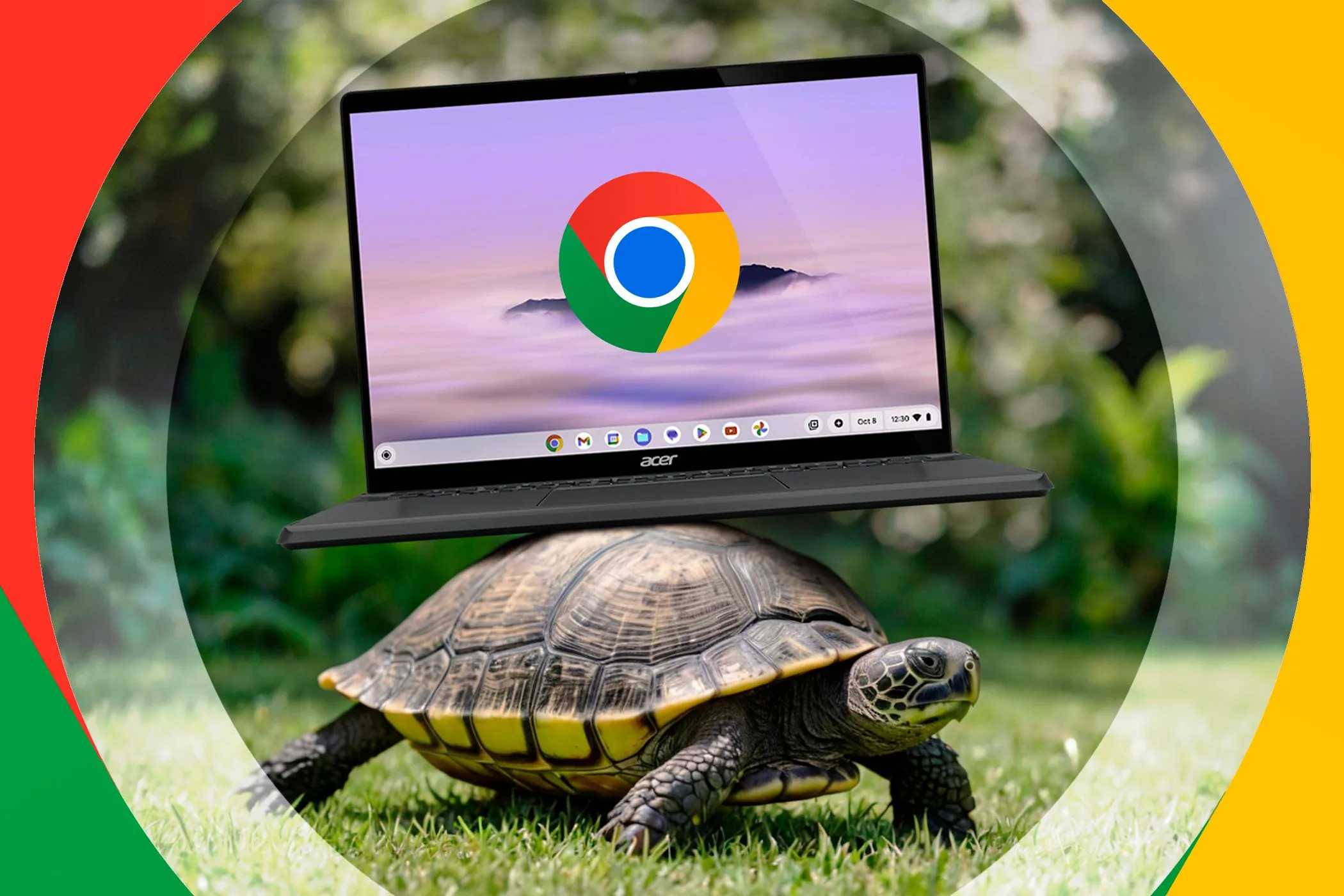 Hình ảnh minh họa chú rùa cõng chiếc Chromebook trên mai, tượng trưng cho hiệu năng chậm chạp khi xử lý tác vụ nặng trên một số mẫu Chromebook.