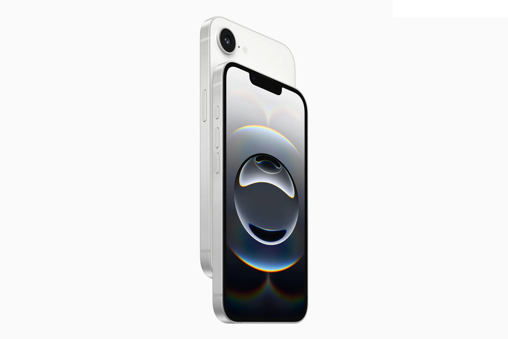 Hình ảnh sản phẩm iPhone 16e màu trắng với thiết kế màn hình tai thỏ (notch)
