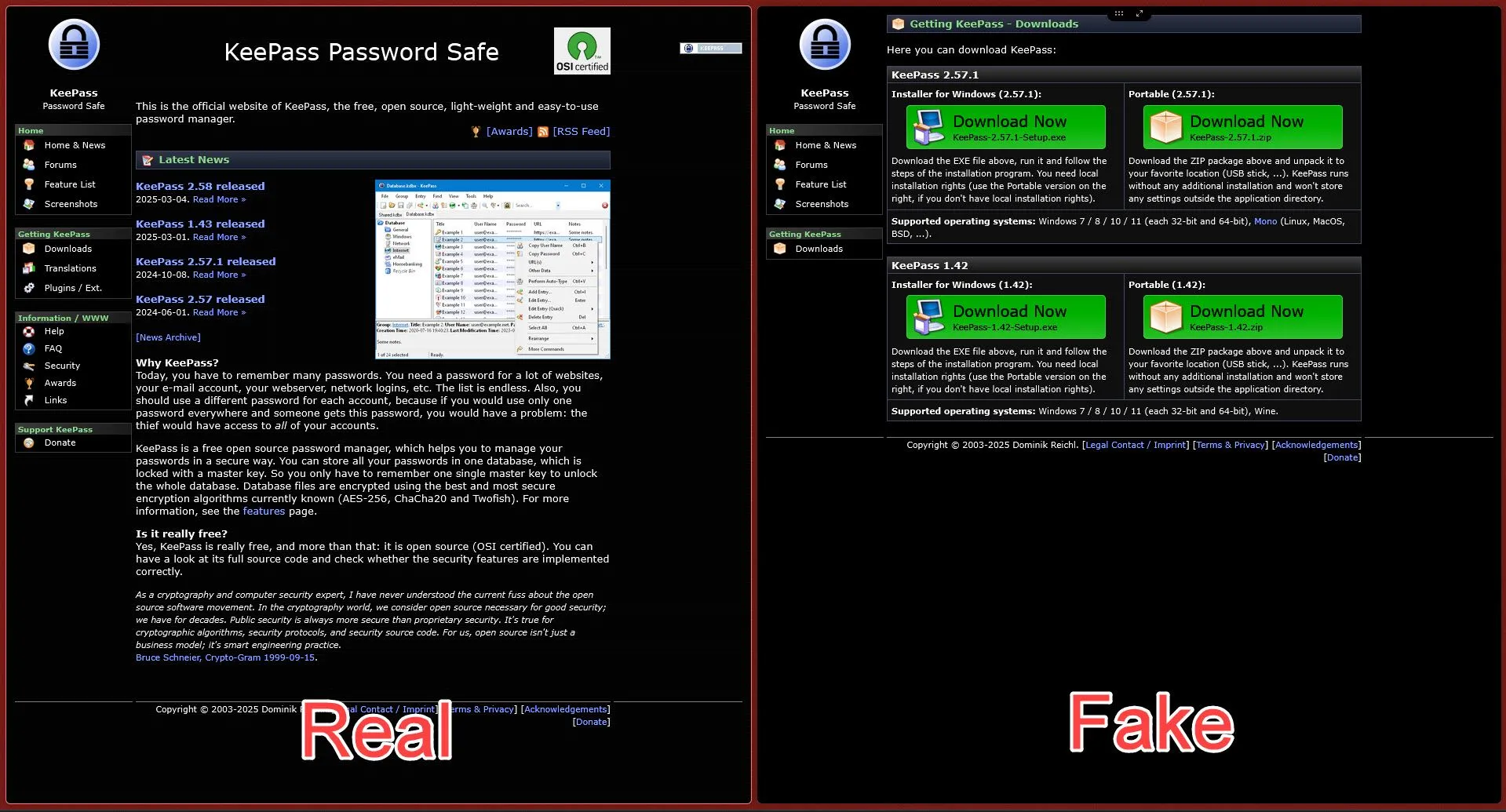 Hình ảnh so sánh website KeePass chính thức và website KeePass giả mạo được tạo để lừa đảo người dùng.