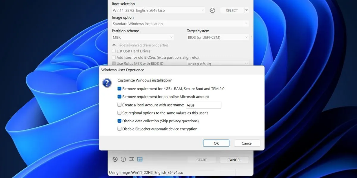 Hộp thoại Tùy chỉnh Trải nghiệm Người dùng Windows trong Rufus, cho phép bỏ qua yêu cầu TPM, Secure Boot, RAM, tài khoản Microsoft và tắt thu thập dữ liệu