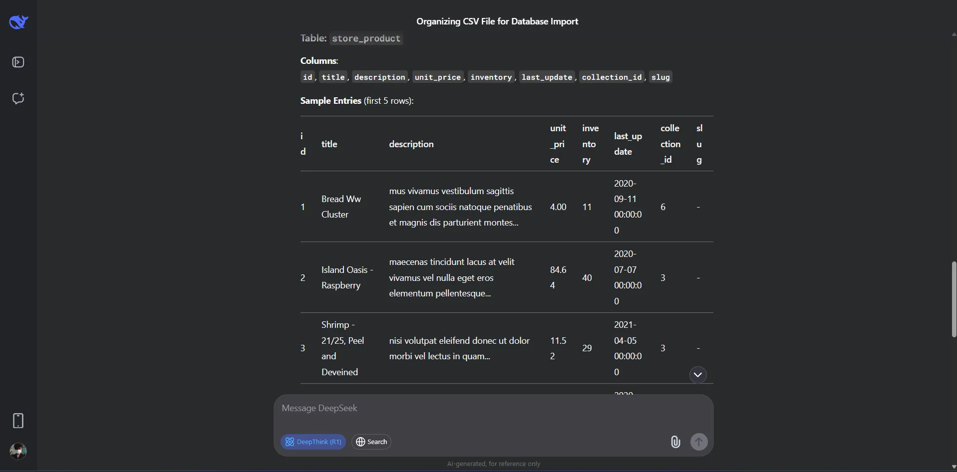 Kết quả DeepSeek xử lý dữ liệu cơ sở dữ liệu, hiển thị thông tin được tổ chức thành bảng.