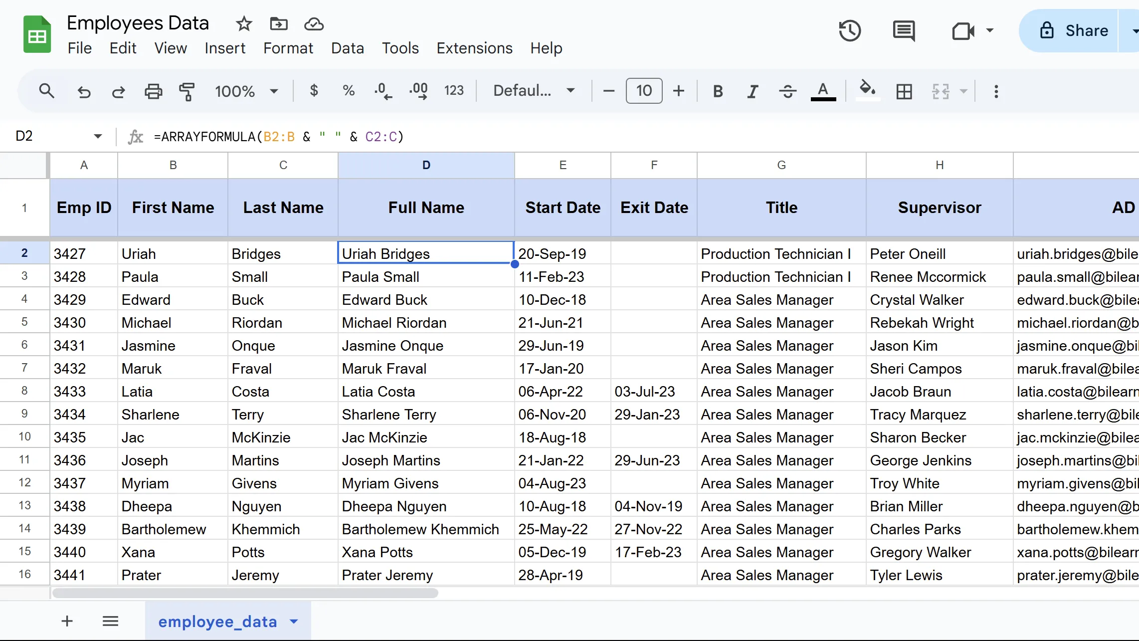 Kết quả hàm ARRAYFORMULA trong Google Sheets, hiển thị công thức được áp dụng cho toàn bộ mảng