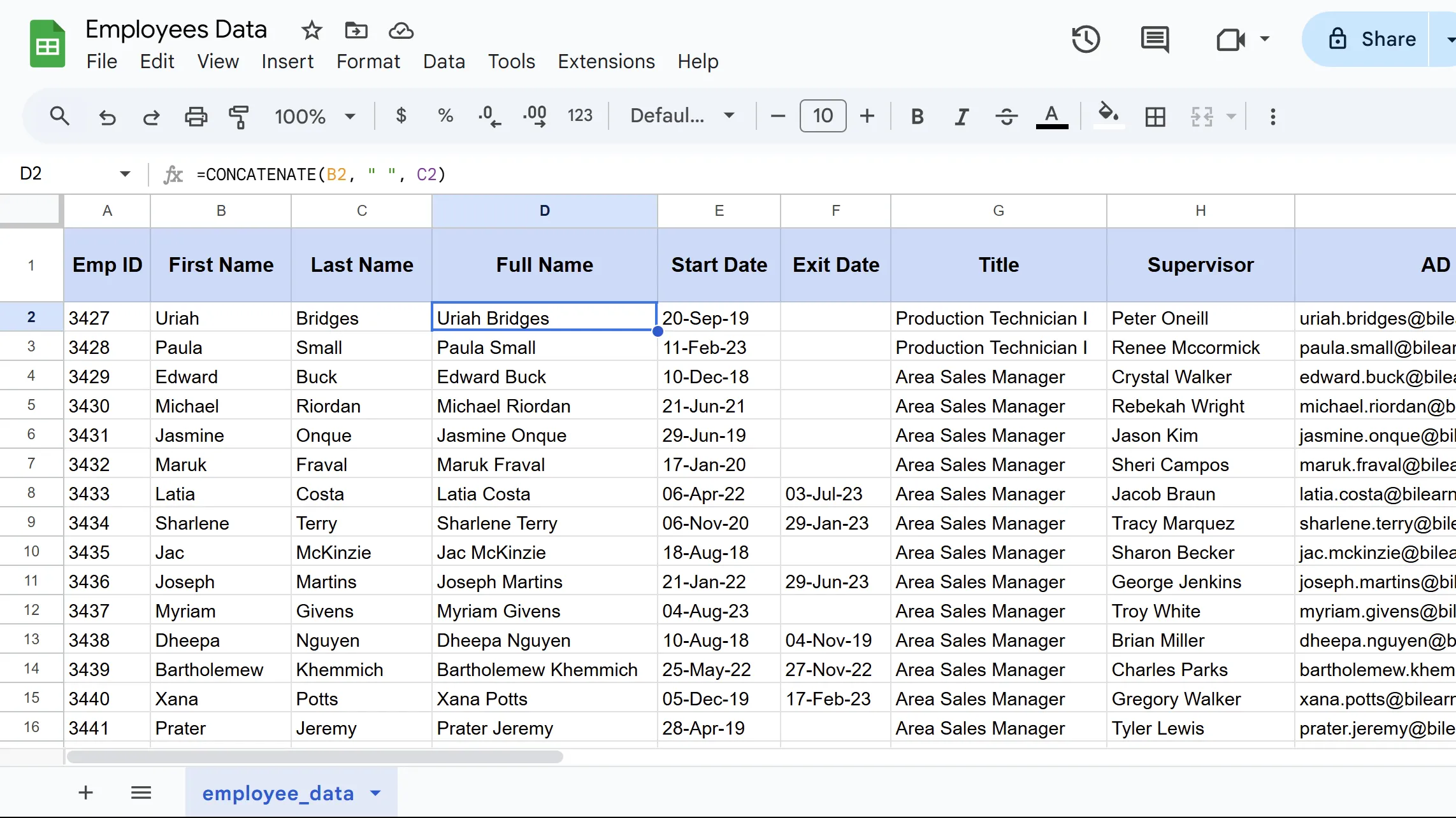 Kết quả hàm CONCATENATE trong Google Sheets, hiển thị chuỗi văn bản được nối
