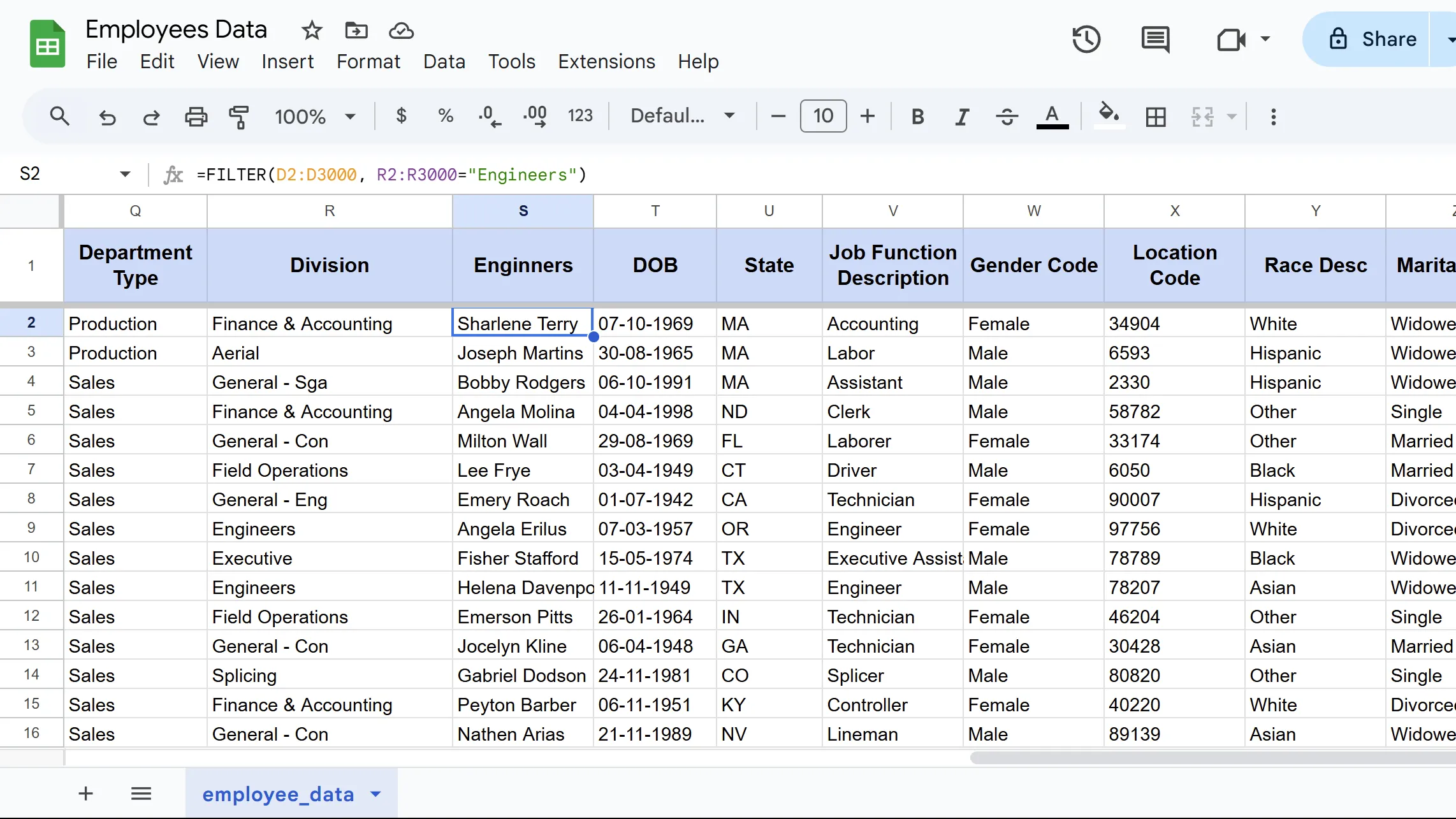 Kết quả hàm FILTER trong Google Sheets, hiển thị dữ liệu được lọc theo điều kiện