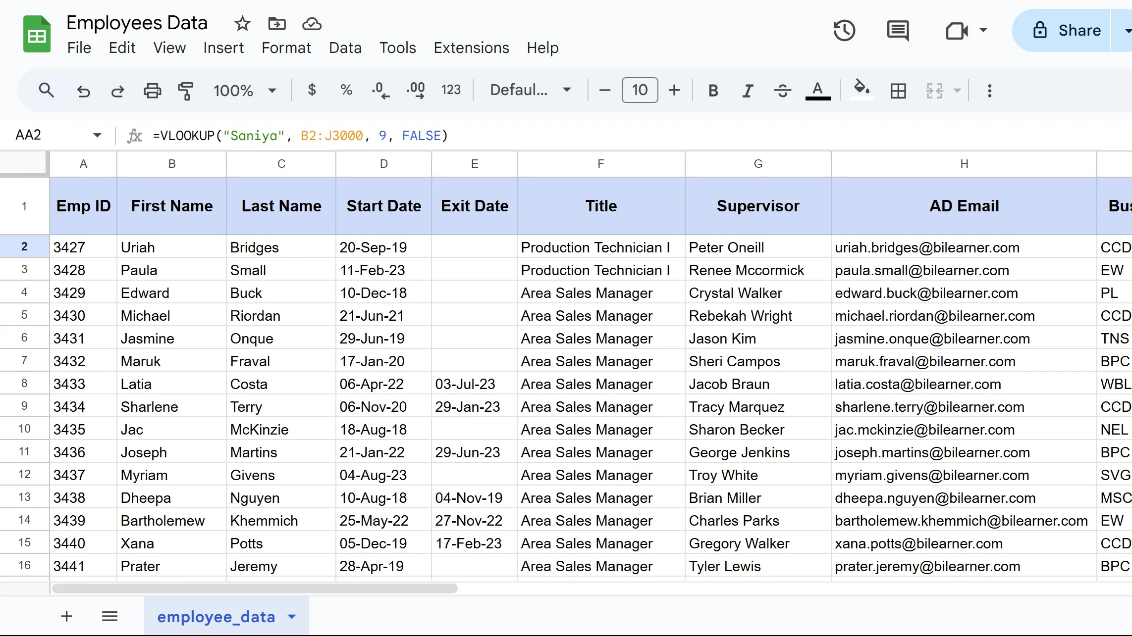 Kết quả hàm VLOOKUP trong Google Sheets, hiển thị dữ liệu được tra cứu