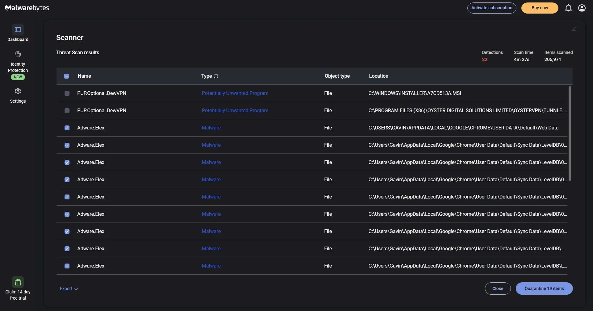 Kết quả quét Malwarebytes phát hiện Adware.Elex