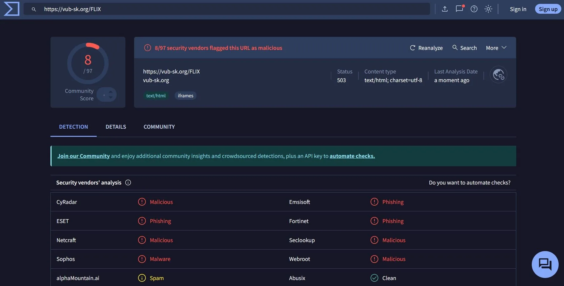 Kết quả quét VirusTotal phát hiện liên kết lừa đảo Netflix chứa mã độc.