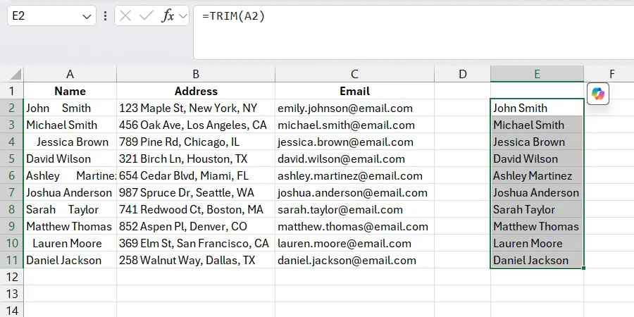 Kết quả sau khi loại bỏ khoảng trắng thừa bằng hàm TRIM trong Excel