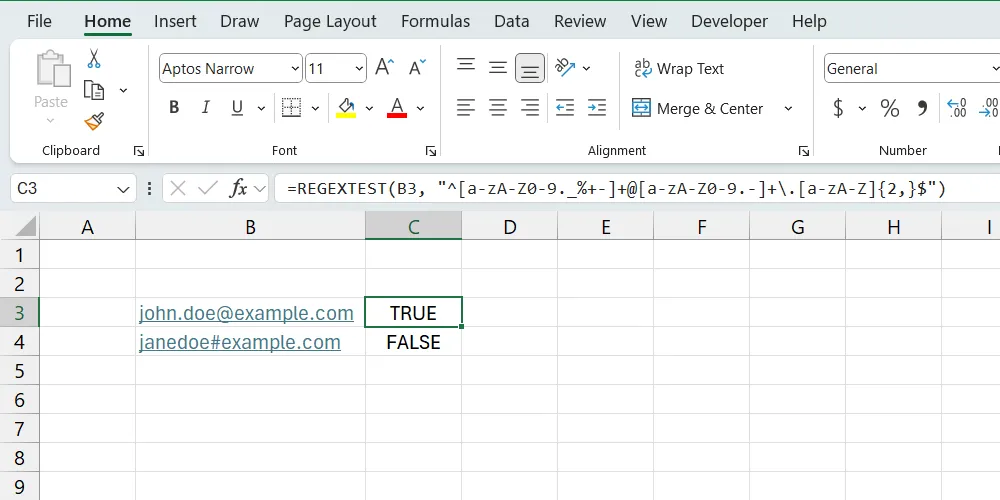 Kết quả sử dụng hàm REGEXTEST để kiểm tra tính hợp lệ của địa chỉ email trong Excel