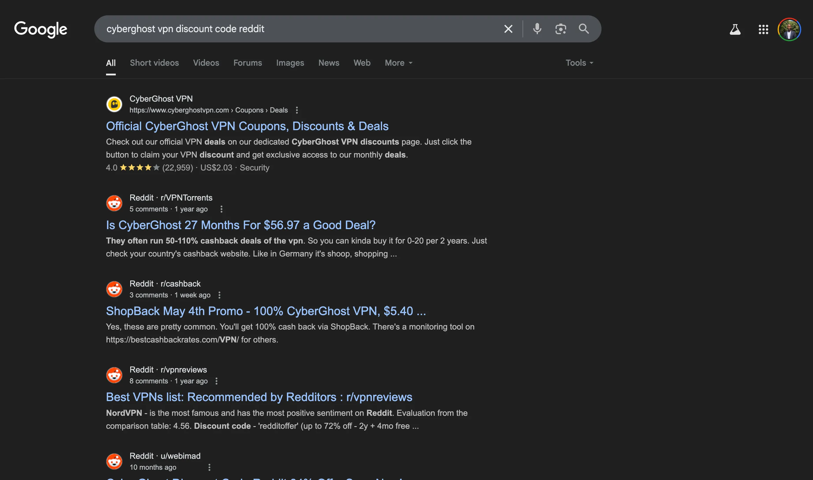 Kết quả tìm kiếm Google cho mã giảm giá CyberGhost VPN