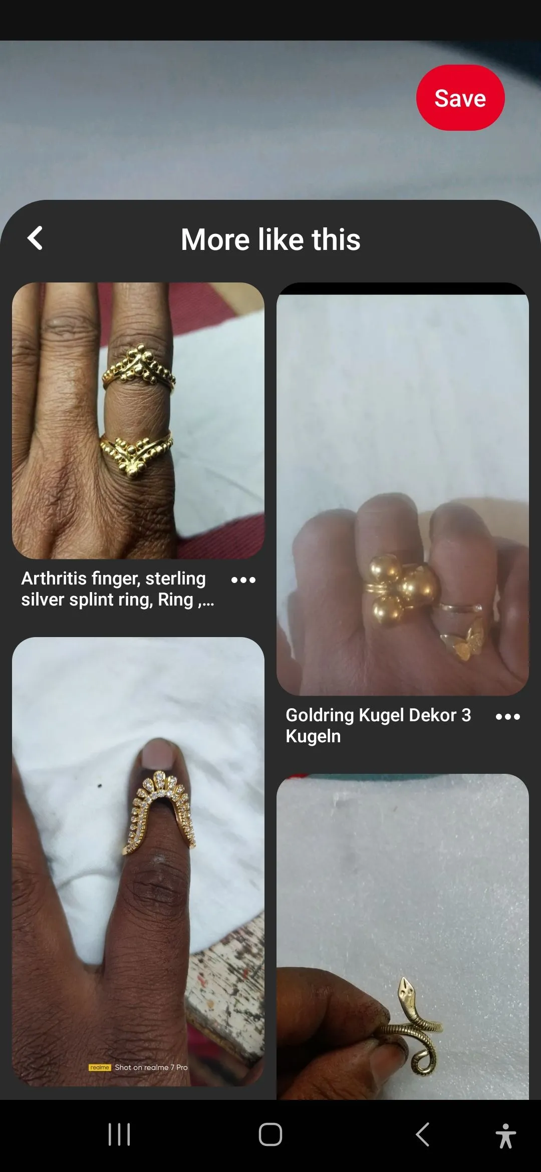 Kết quả tìm kiếm hình ảnh trên Pinterest trên điện thoại, hiển thị các gợi ý thiết kế và sản phẩm liên quan