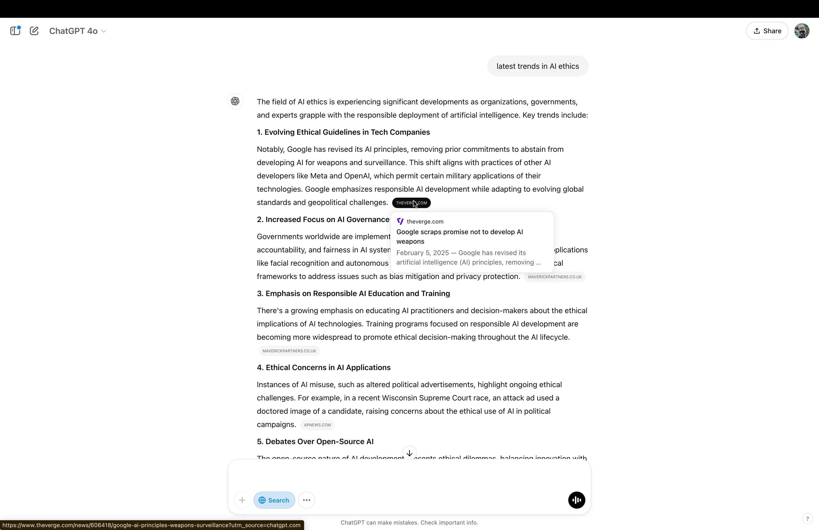 Kết quả tìm kiếm xu hướng đạo đức AI trên ChatGPT với các trích dẫn nguồn uy tín.