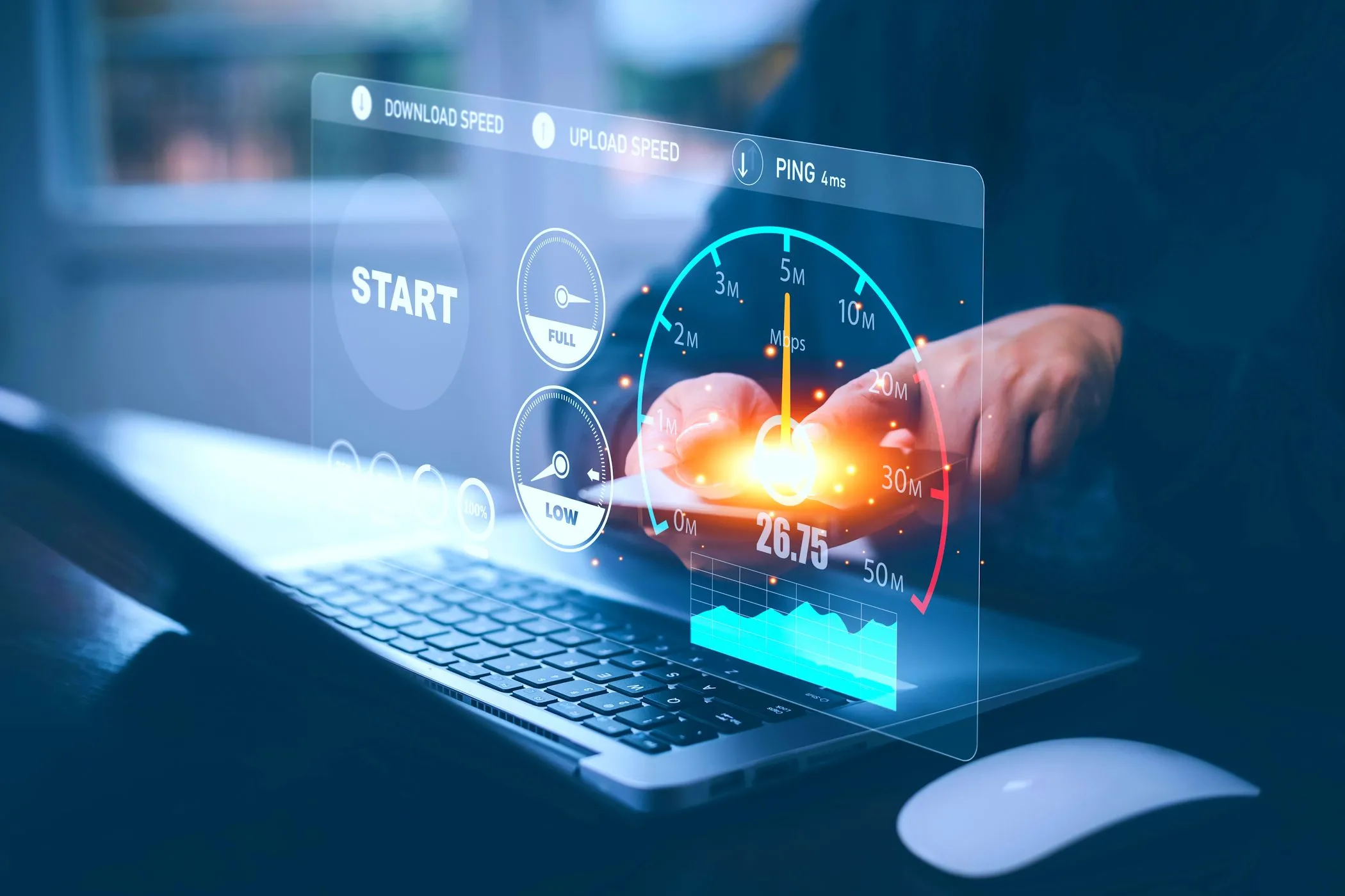 Kiểm tra tốc độ kết nối internet trên máy tính xách tay, minh họa sự biến động của tốc độ 5G tại nhà.