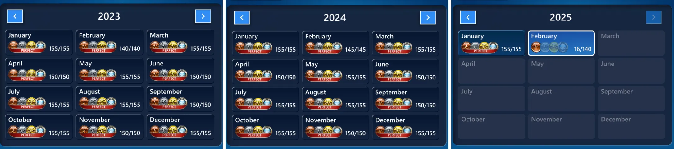 Lịch thử thách hàng ngày trong Microsoft Solitaire trên máy tính từ 2023-2025, minh họa sự kiên trì và hình thành thói quen.