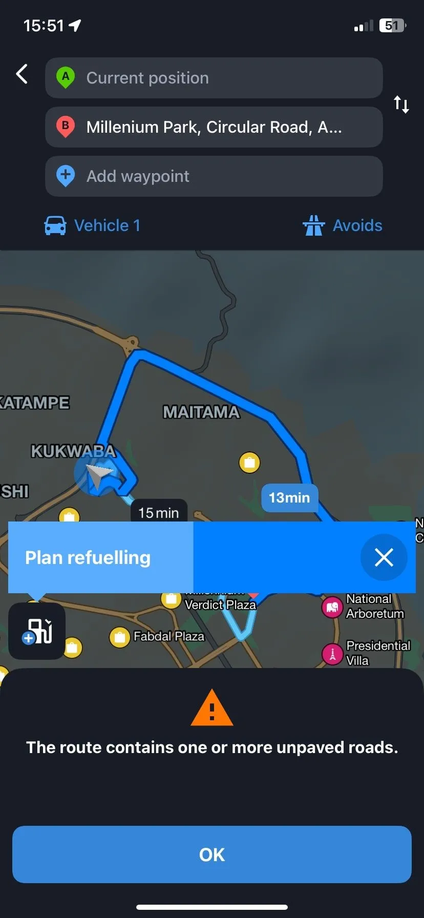 Lộ trình định vị trên Sygic Maps với mô phỏng 3D chi tiết của các tòa nhà, phục vụ lái xe chuyên nghiệp ngoại tuyến.