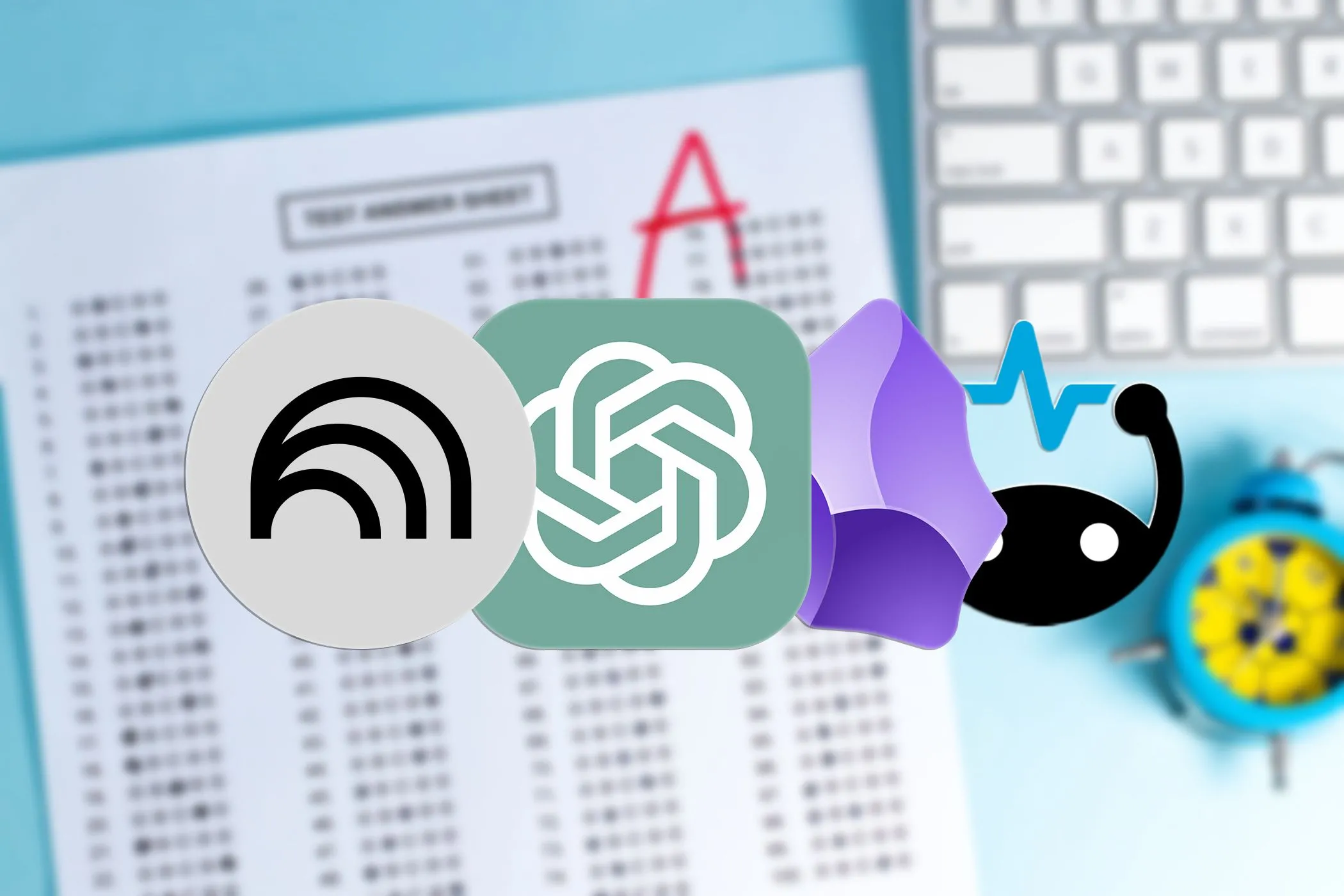 Logo của ChatGPT, NotebookLM, Obsidian và Brainscape trên nền bài kiểm tra bị mờ.