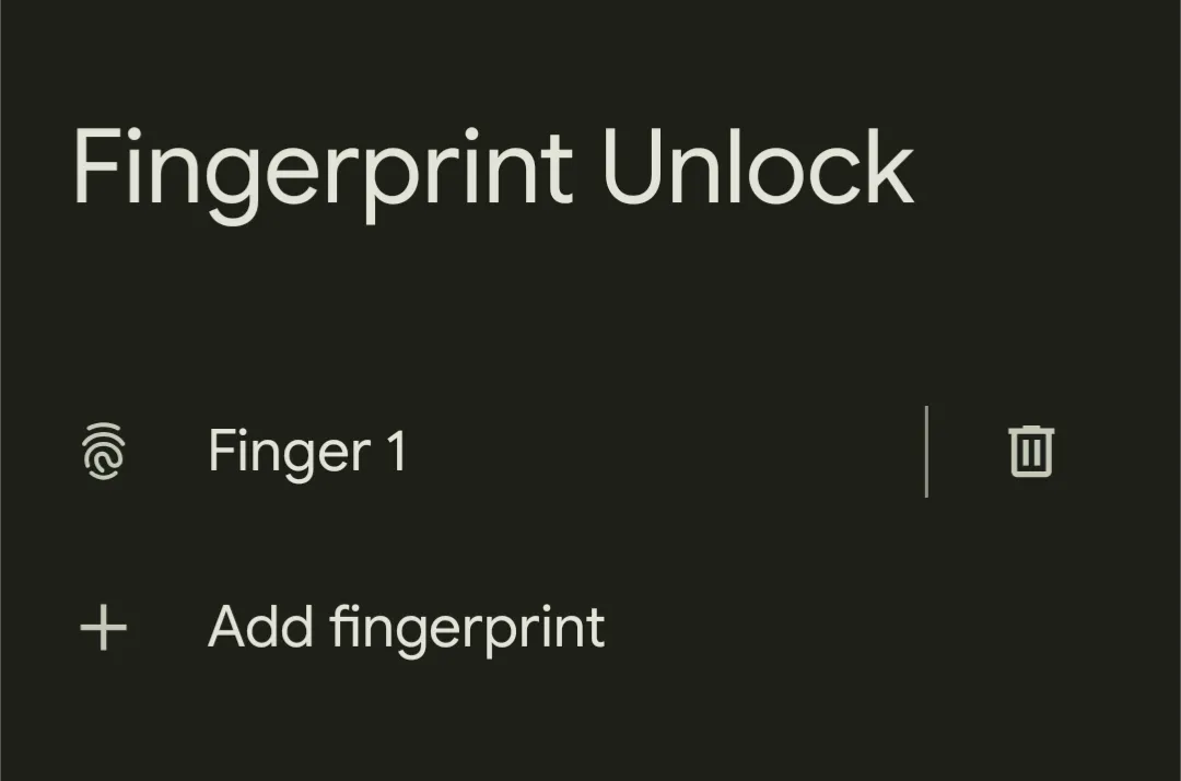 Màn hình cài đặt bảo mật và quản lý dấu vân tay trên Android 16 QPR1 beta, với tùy chọn đổi tên các vân tay đã lưu.