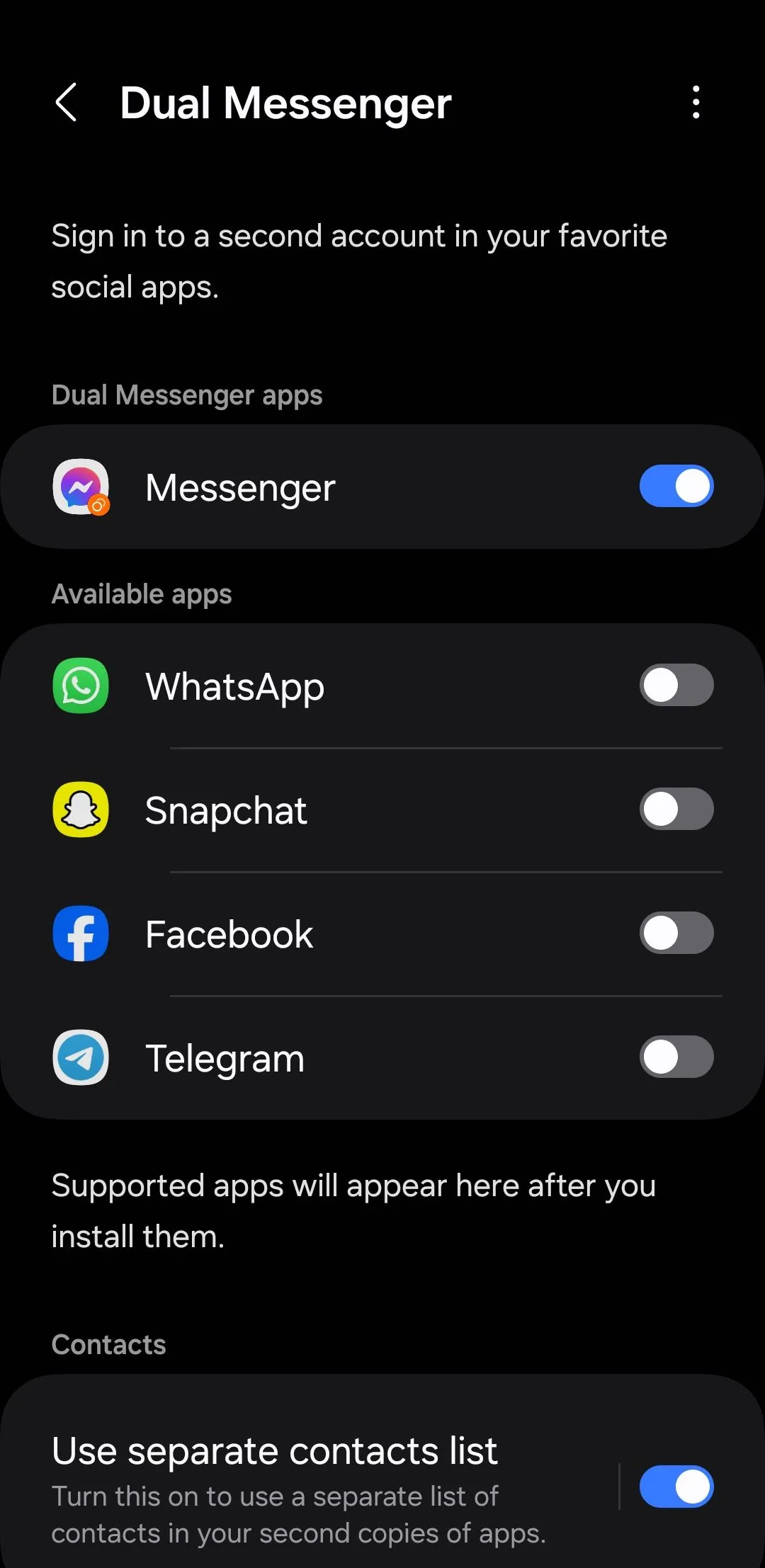 Màn hình cài đặt Dual Messenger trên điện thoại Samsung, cho phép nhân bản ứng dụng nhắn tin như WhatsApp để quản lý hai tài khoản riêng biệt.