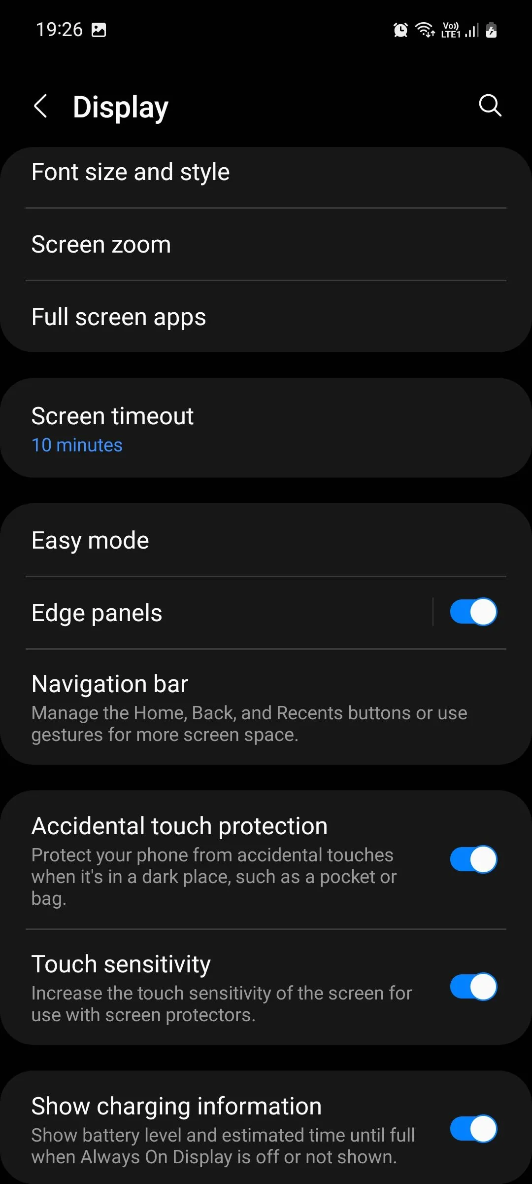 Màn hình cài đặt hiển thị của điện thoại Samsung Galaxy
