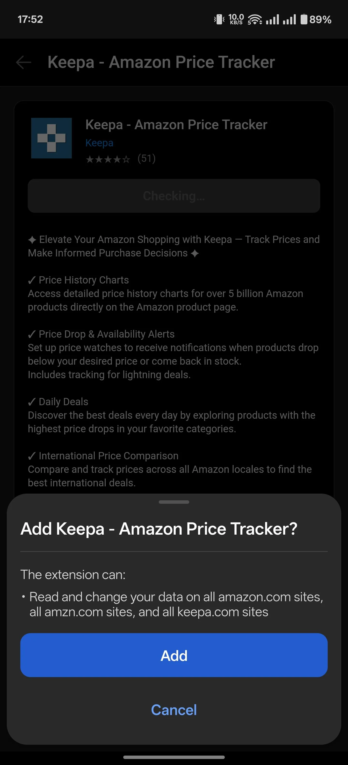 Màn hình cài đặt tiện ích Dark Reader trên trình duyệt Edge Android, nút Get và Add