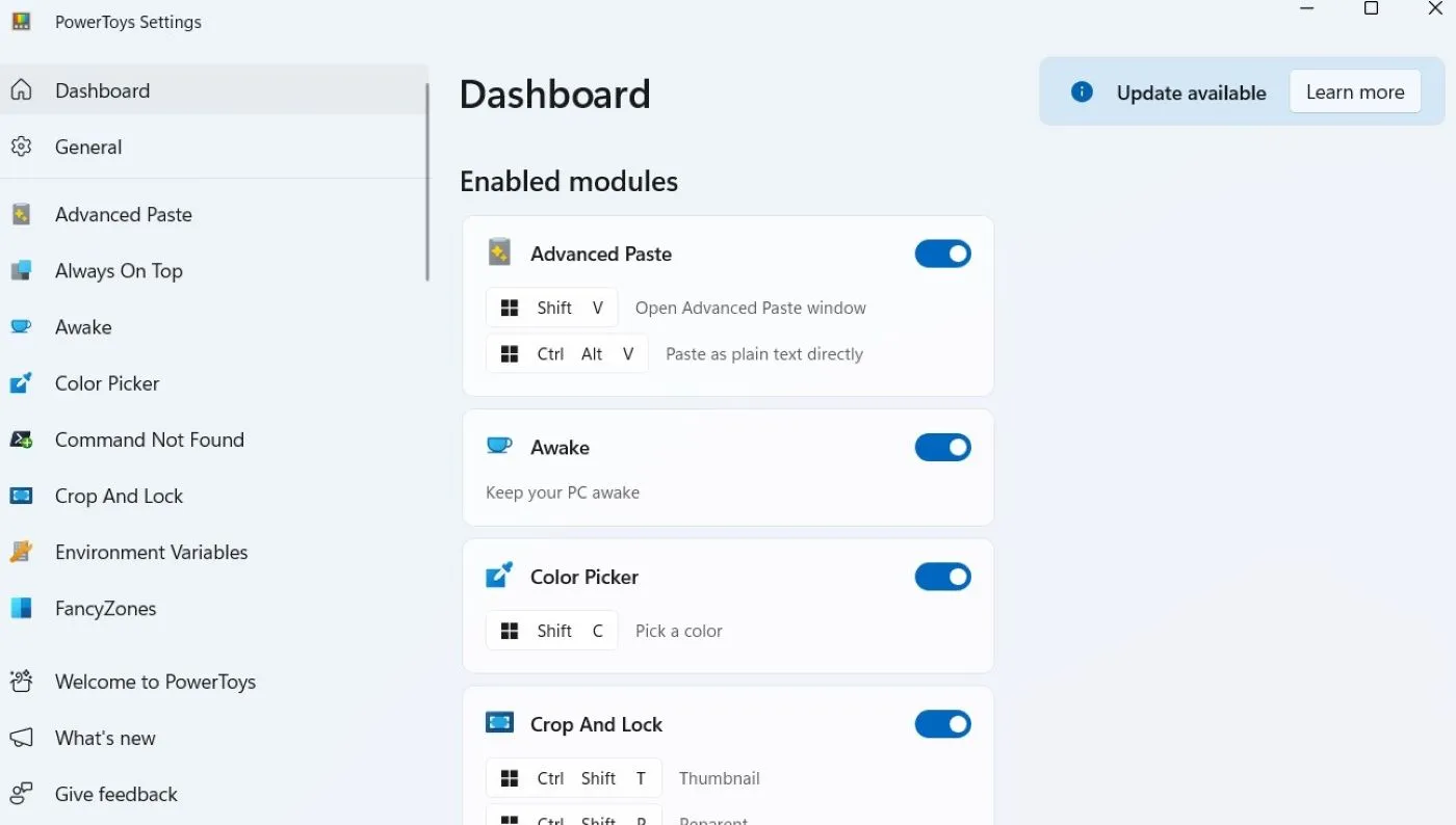 Màn hình cài đặt tổng quan của Microsoft PowerToys trên Windows, giới thiệu các tiện ích tăng năng suất như FancyZones và Awake.