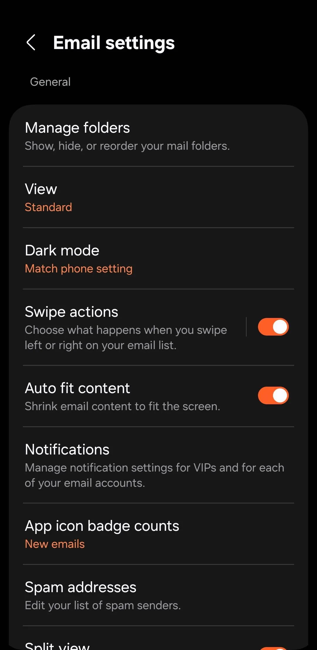 Màn hình cài đặt ứng dụng Samsung Email trên điện thoại Galaxy với các tùy chọn tài khoản và thông báo