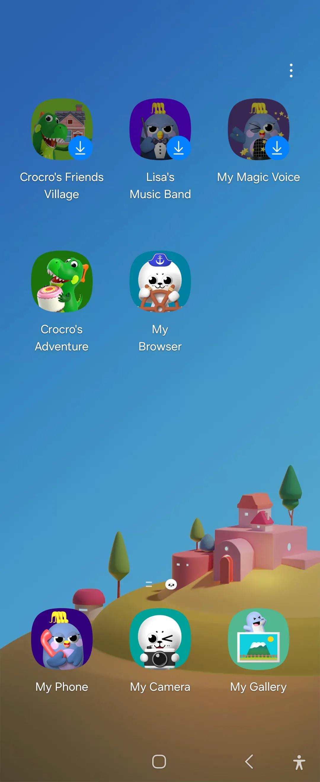 Màn hình chính của Samsung Kids hiển thị các ứng dụng và giao diện thân thiện với trẻ em trên Galaxy Z Flip 6