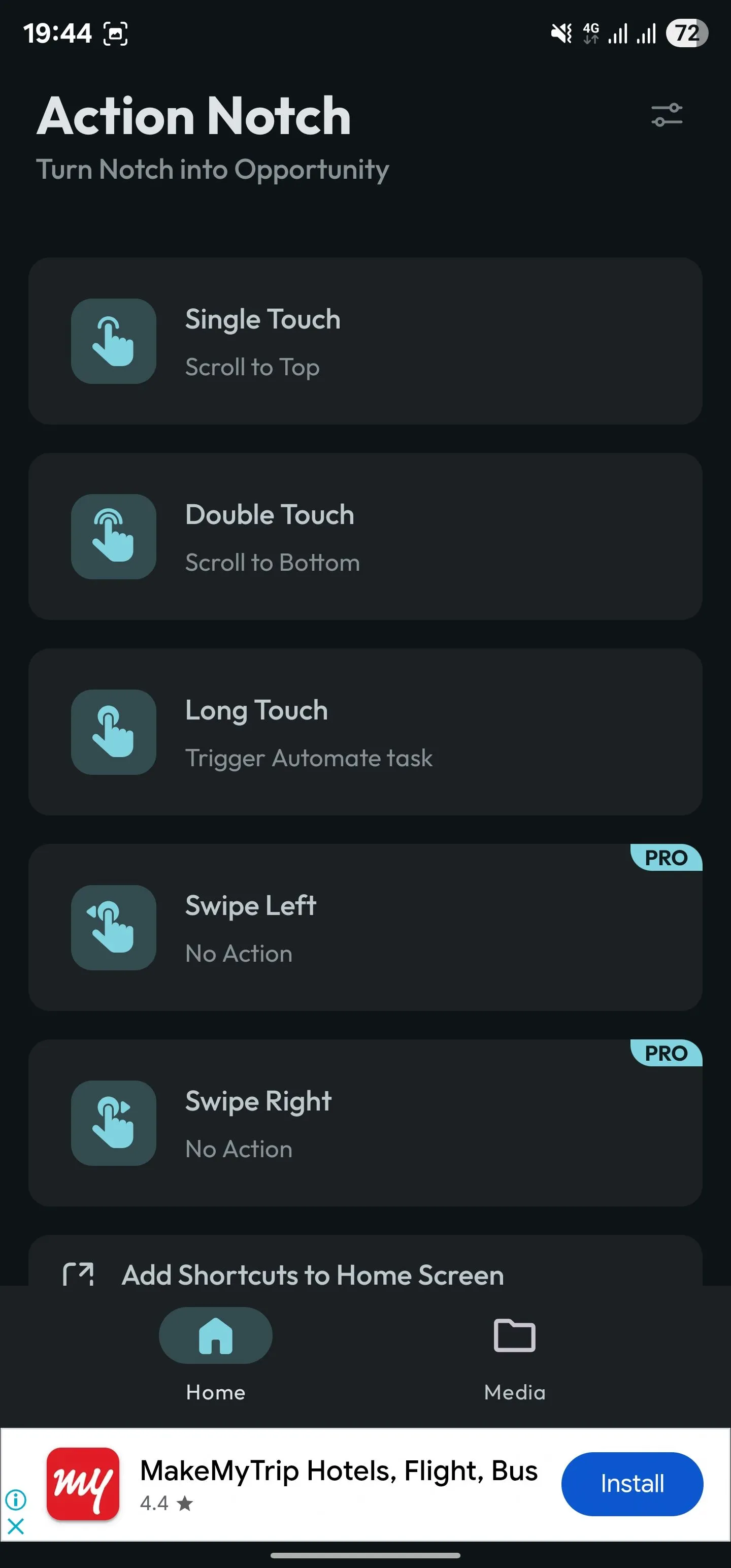 Màn hình chính của ứng dụng Action Notch với nút menu cài đặt ở góc trên bên phải.