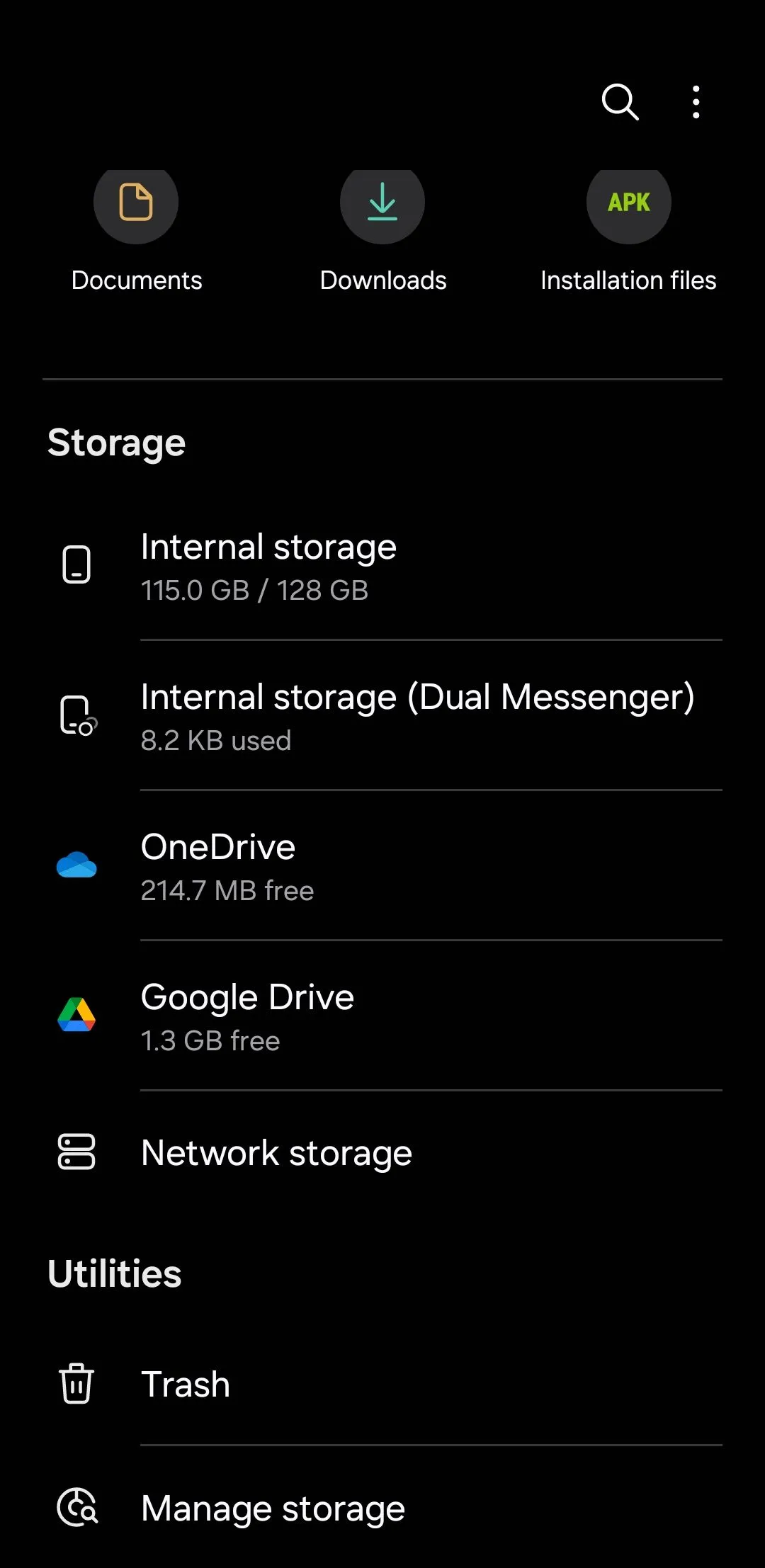 Màn hình chính của ứng dụng Samsung Files, hiển thị các thư mục và loại tệp.