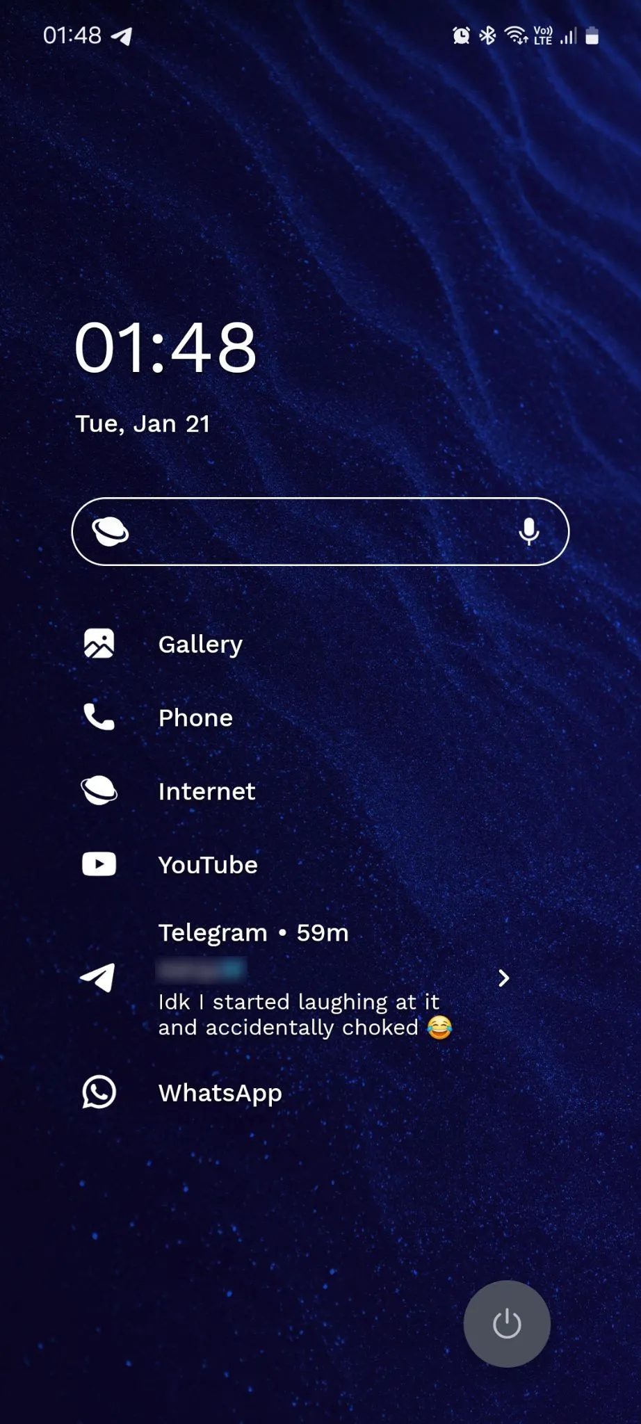 Màn hình chính Niagara Launcher hiển thị nội dung thông báo từ Telegram