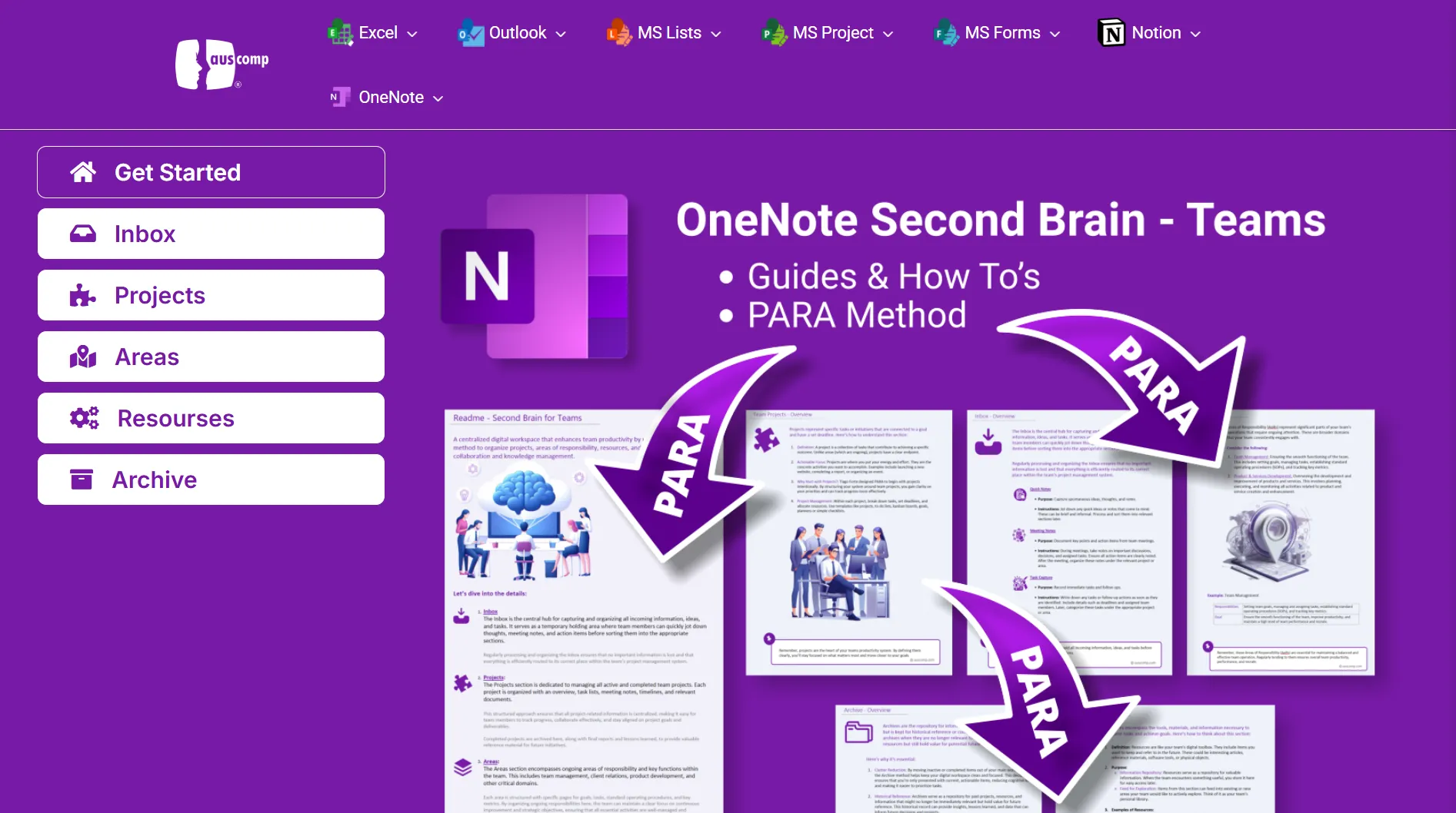 Màn hình chụp mẫu OneNote Second Brain từ Auscomp, minh họa tính năng quản lý thông tin.