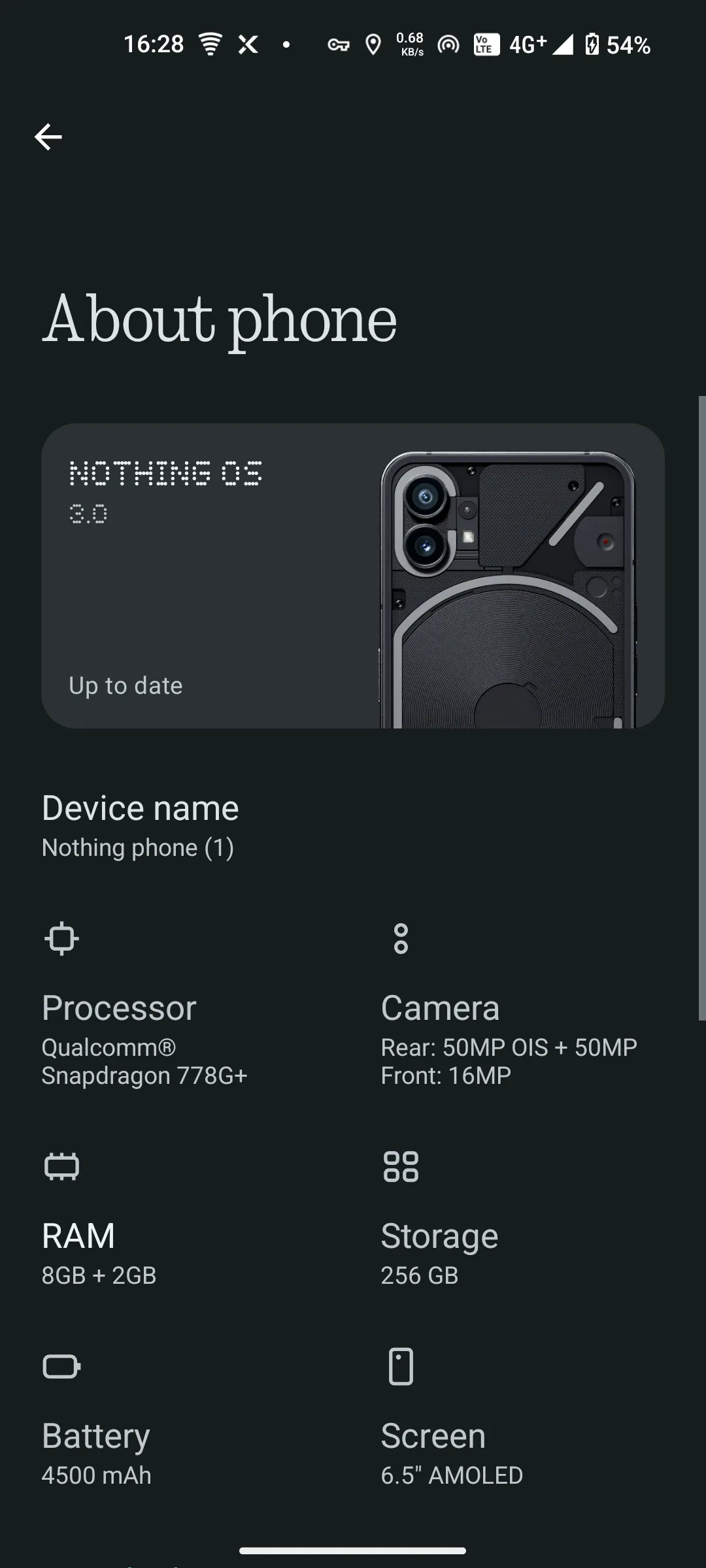 Màn hình &quot;Giới thiệu về điện thoại&quot; trên Nothing Phone, hiển thị thông tin thiết bị và tùy chọn chi tiết.