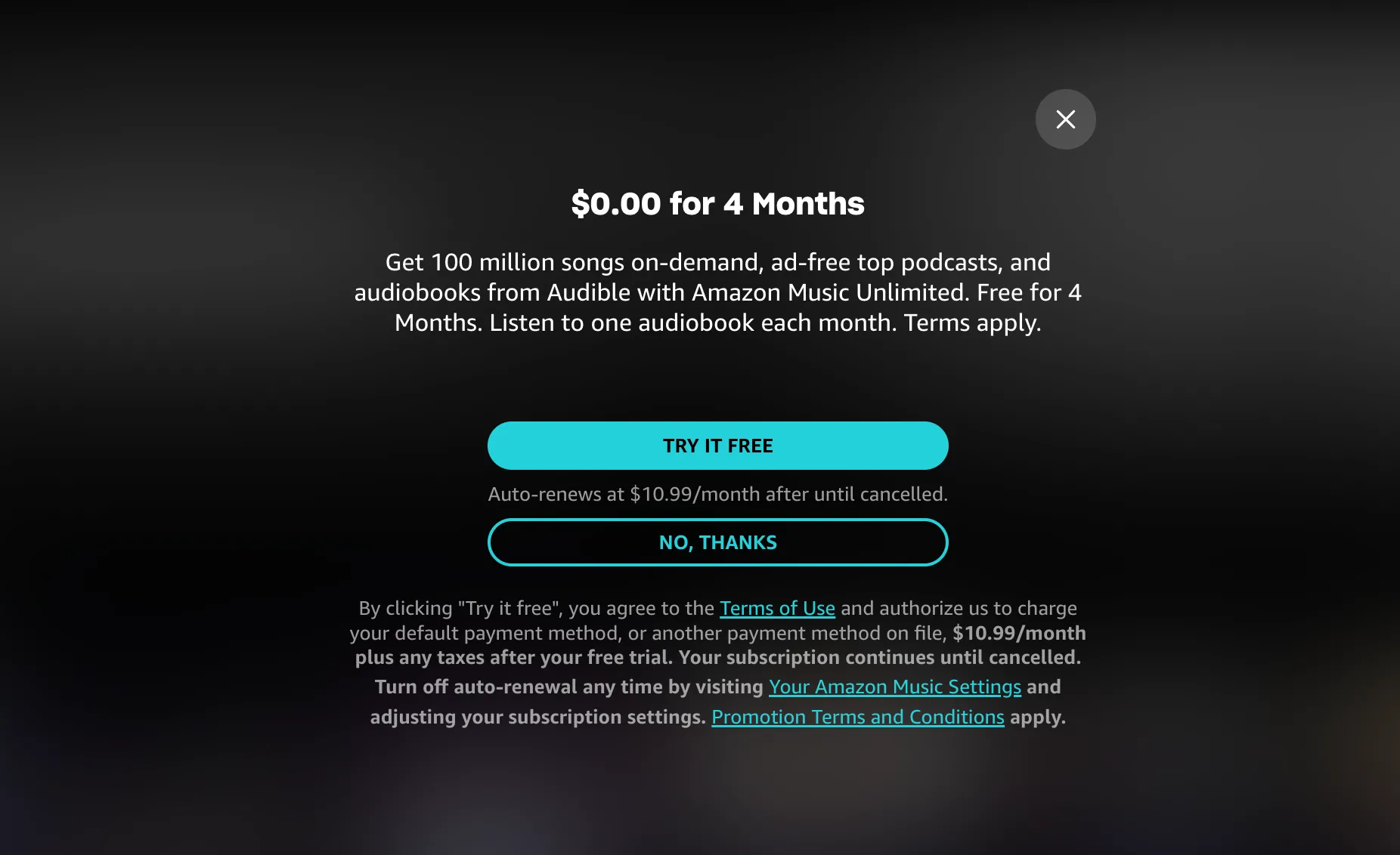 Màn hình hiển thị ưu đãi dùng thử miễn phí Amazon Music Unlimited với thông tin về chất lượng âm thanh cao cấp.