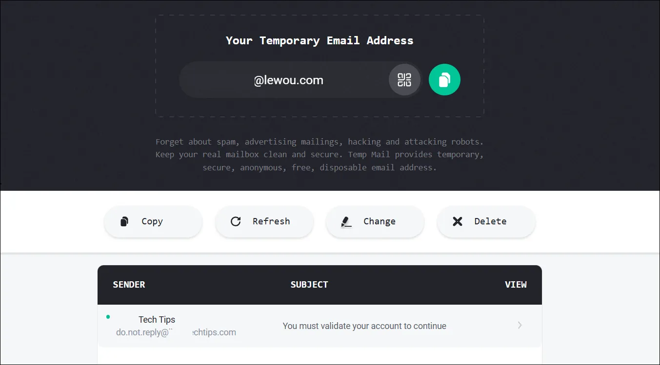 Màn hình hộp thư đến của dịch vụ email dùng một lần Temp-Mail, hiển thị một email xác nhận tài khoản.
