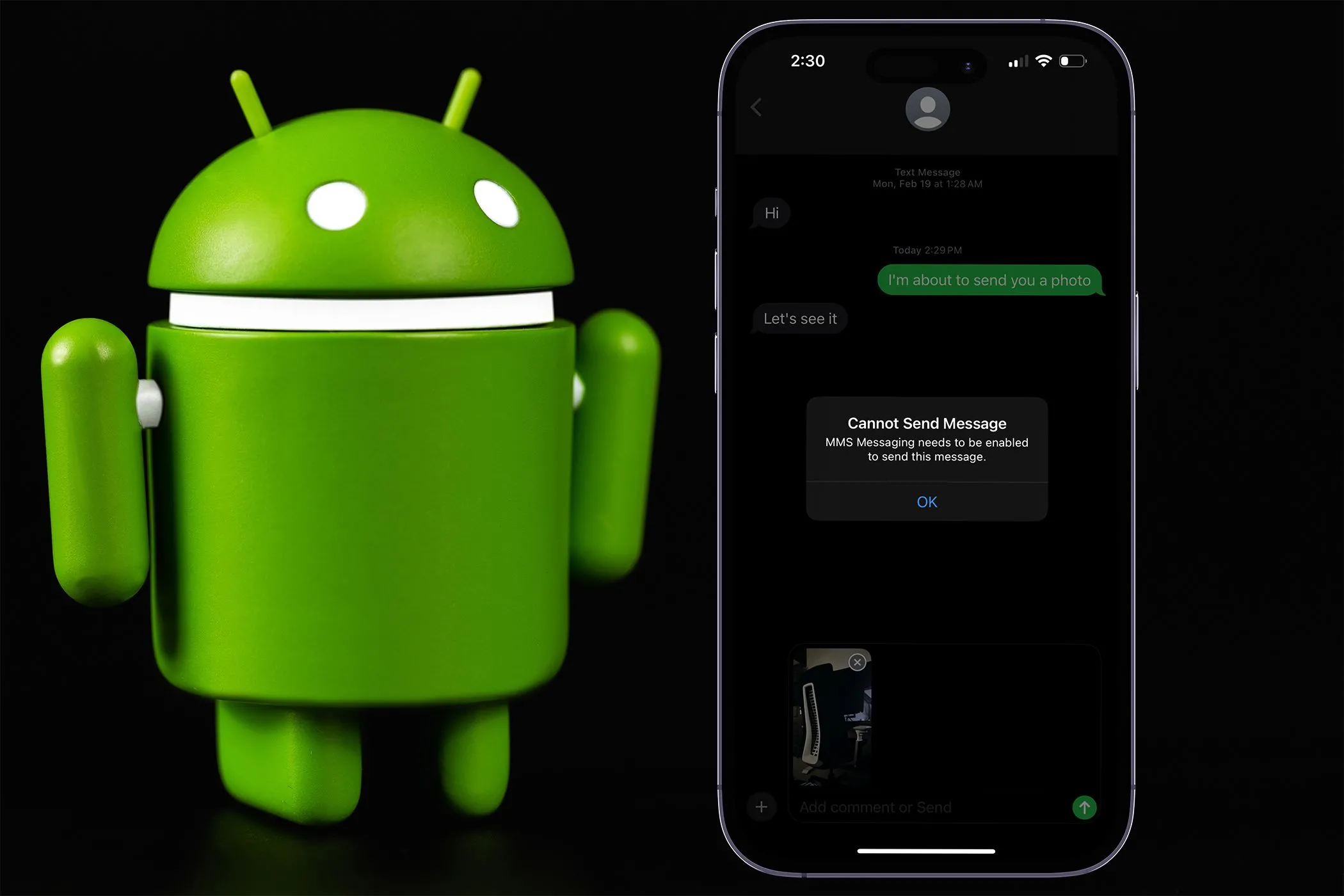 Màn hình iPhone báo lỗi 'Không thể gửi tin nhắn' khi người dùng muốn chuyển từ iMessage sang Android