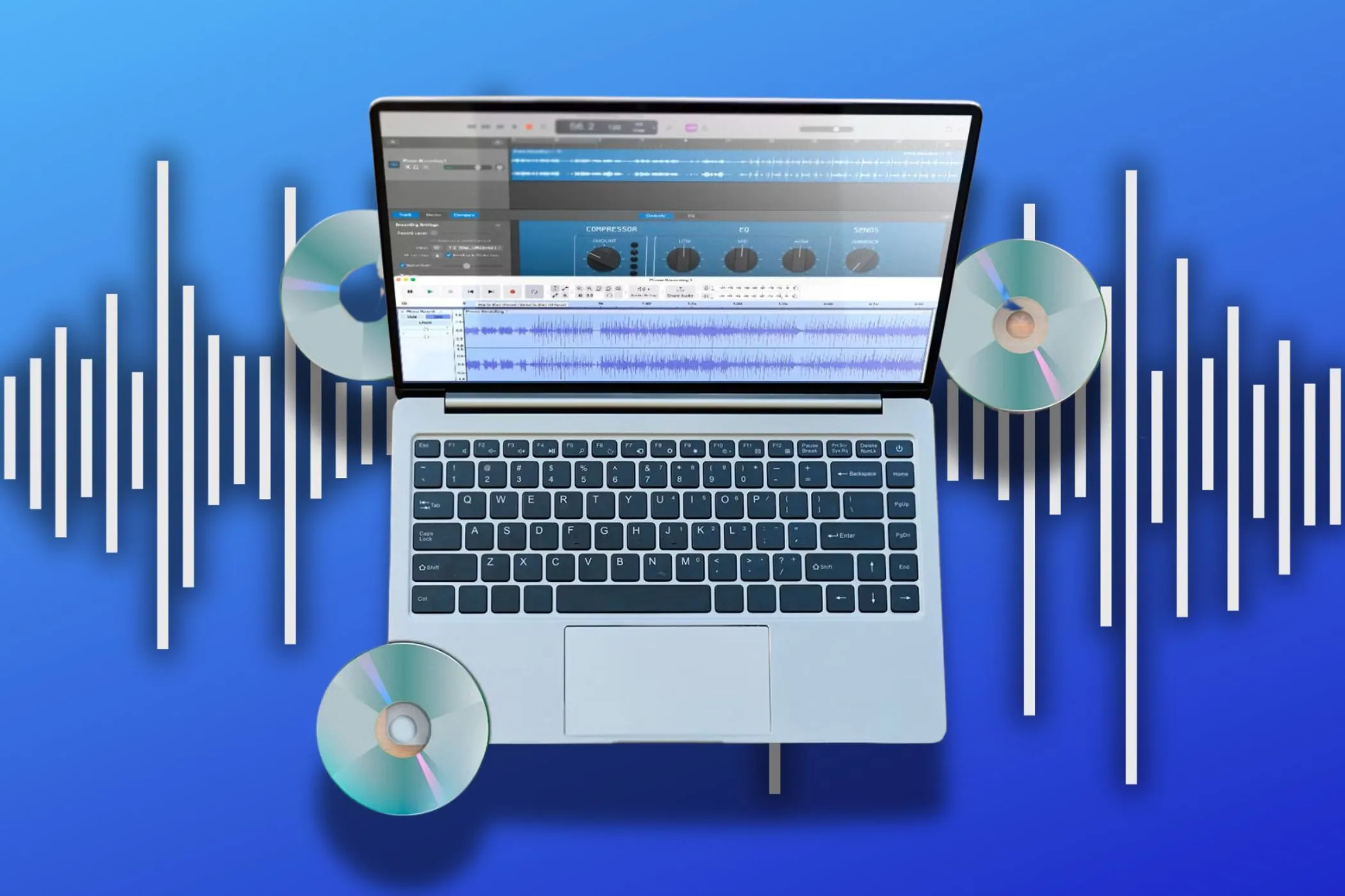 Màn hình laptop hiển thị phần mềm chỉnh sửa âm thanh với hình ảnh sóng âm và đĩa CD ở phía sau, minh họa quy trình sản xuất âm nhạc.