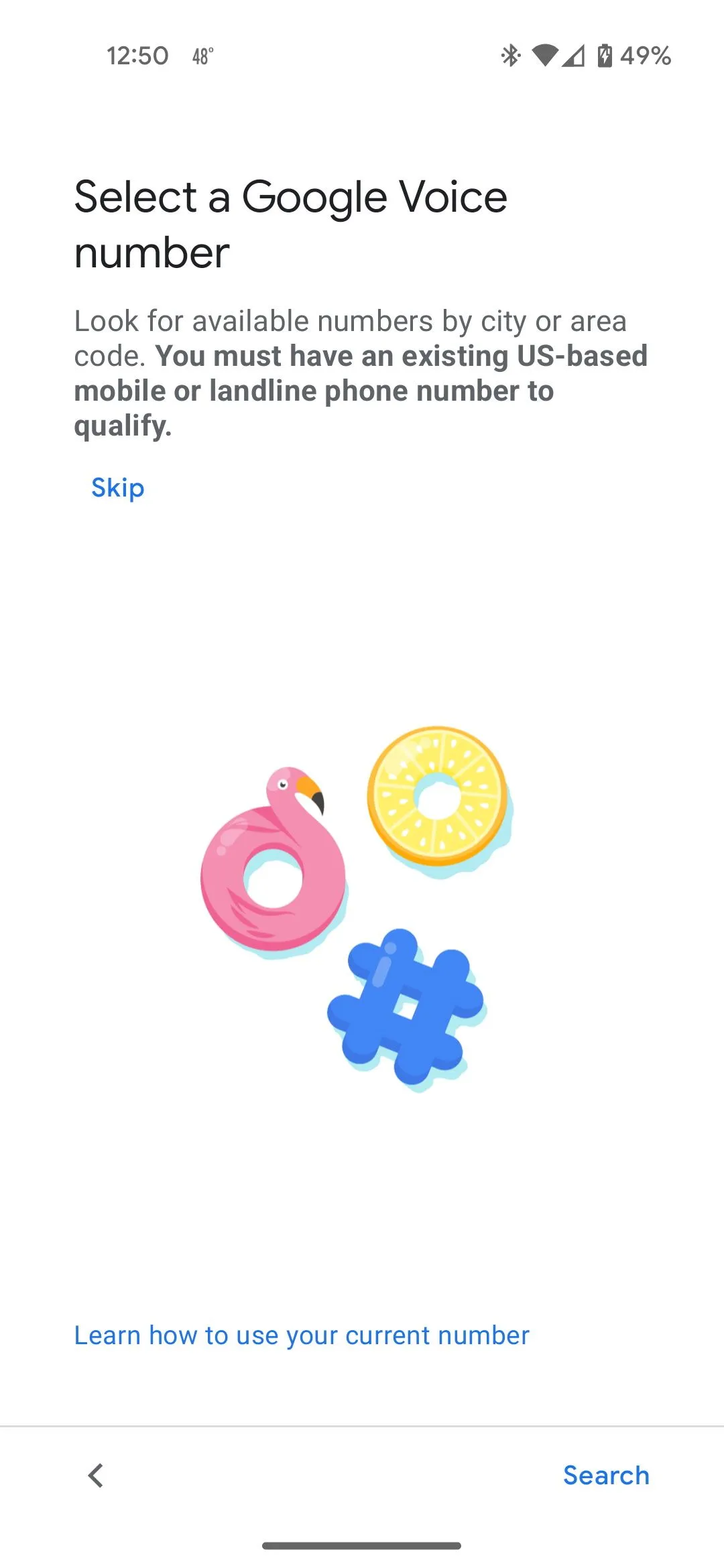 Màn hình lựa chọn số điện thoại Google Voice để sử dụng trên ứng dụng.