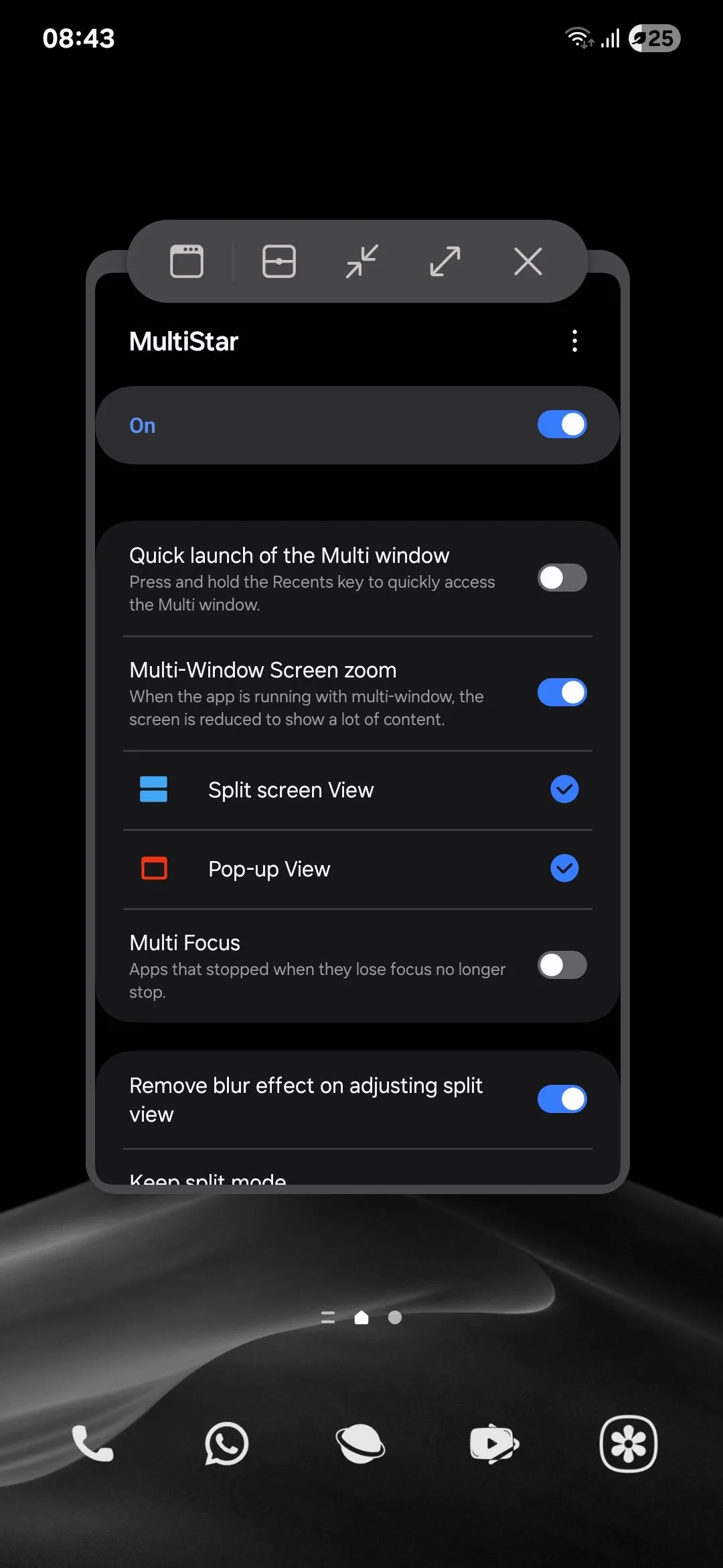 Màn hình pop-up Samsung được thu nhỏ sau khi kích hoạt MultiStar
